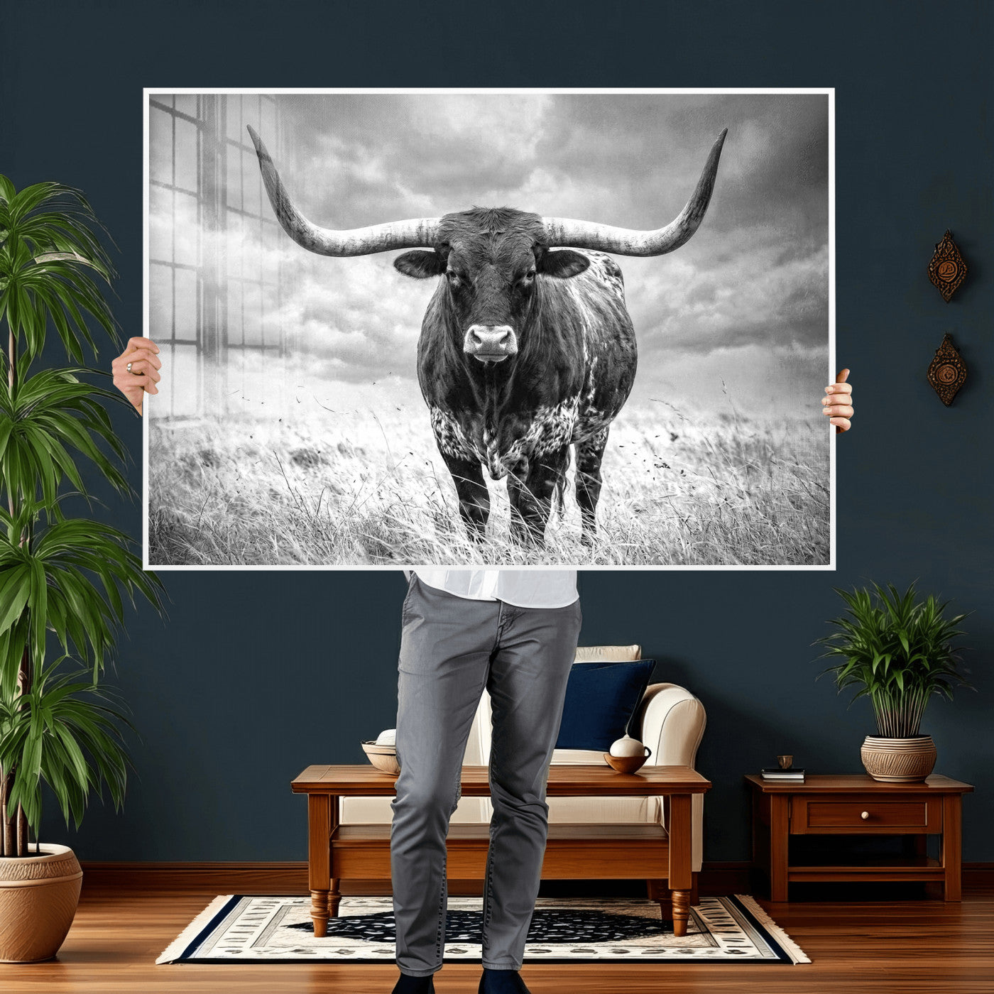 63336115-MGV-CV-36X24 - Texas Longhorn Canvas Wall Art Western Bull Desert Moody Grey Overcast Rustic Farmhouse Framed Large for Living Room Bedroom Office Decor