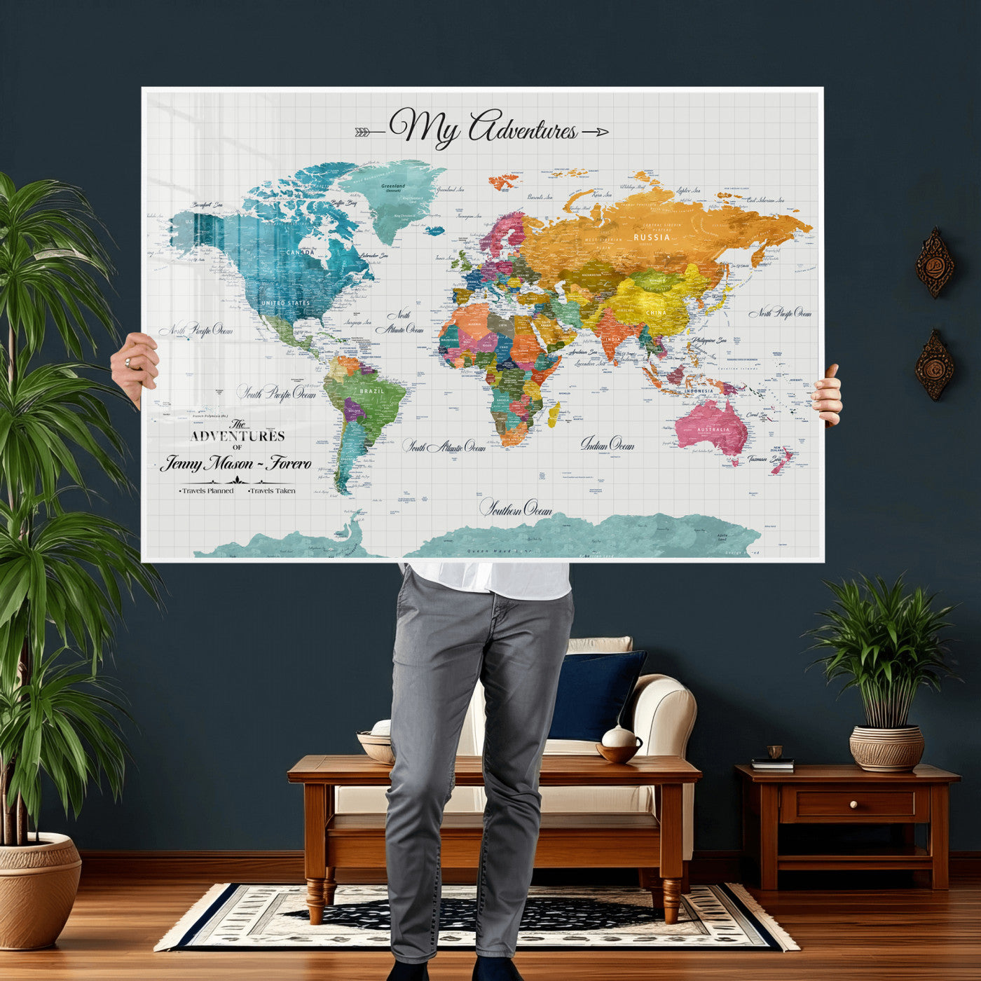 56239817-MGV-CV-36X24 - Custom Push Pin Watercolor World Map Canvas Wall Art Print – Abstract Colorful Travel Wall Decor
