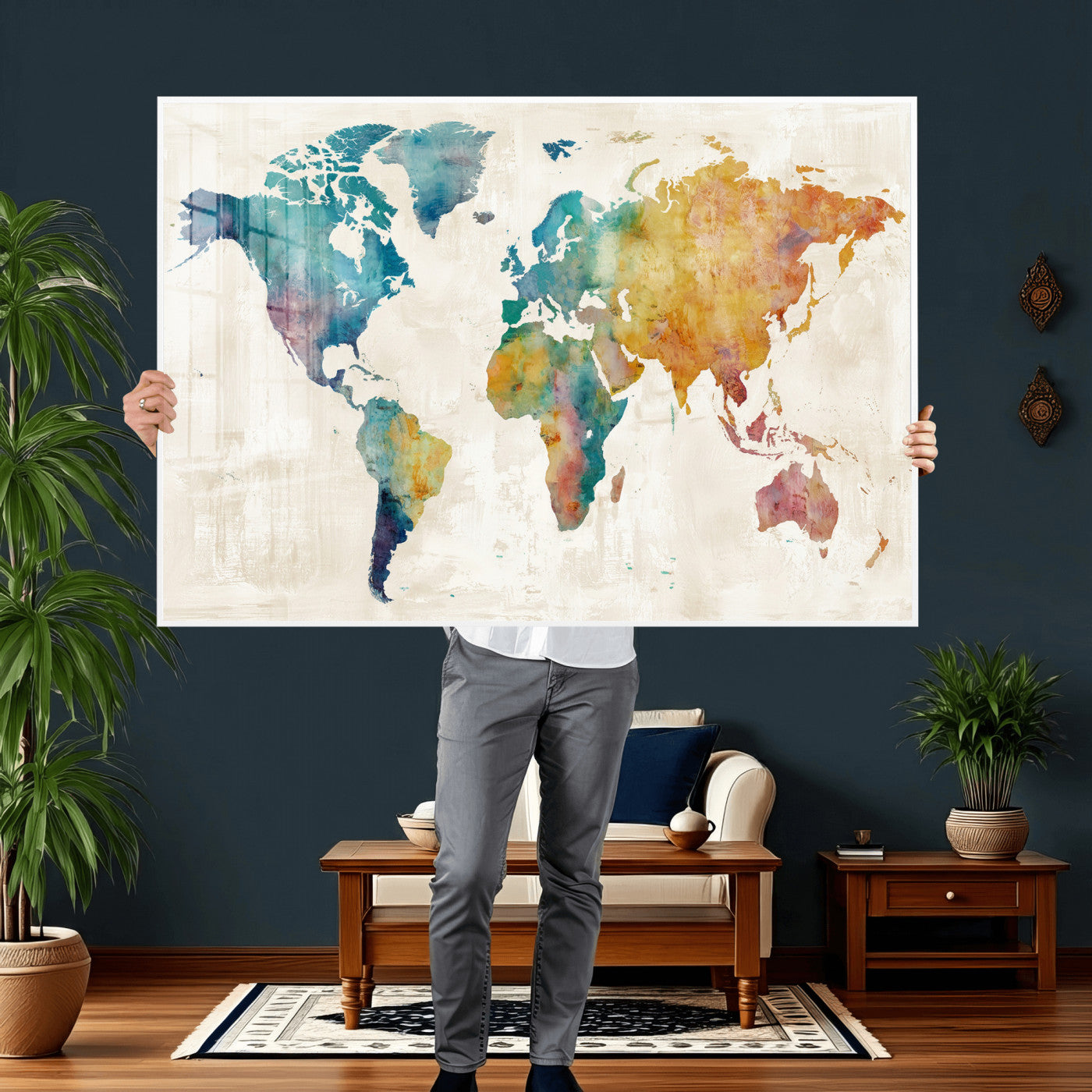 56556018-MGV-CV-36X24 - Watercolor World Map Canvas Wall Art Print – Abstract Colorful Travel Wall Decor