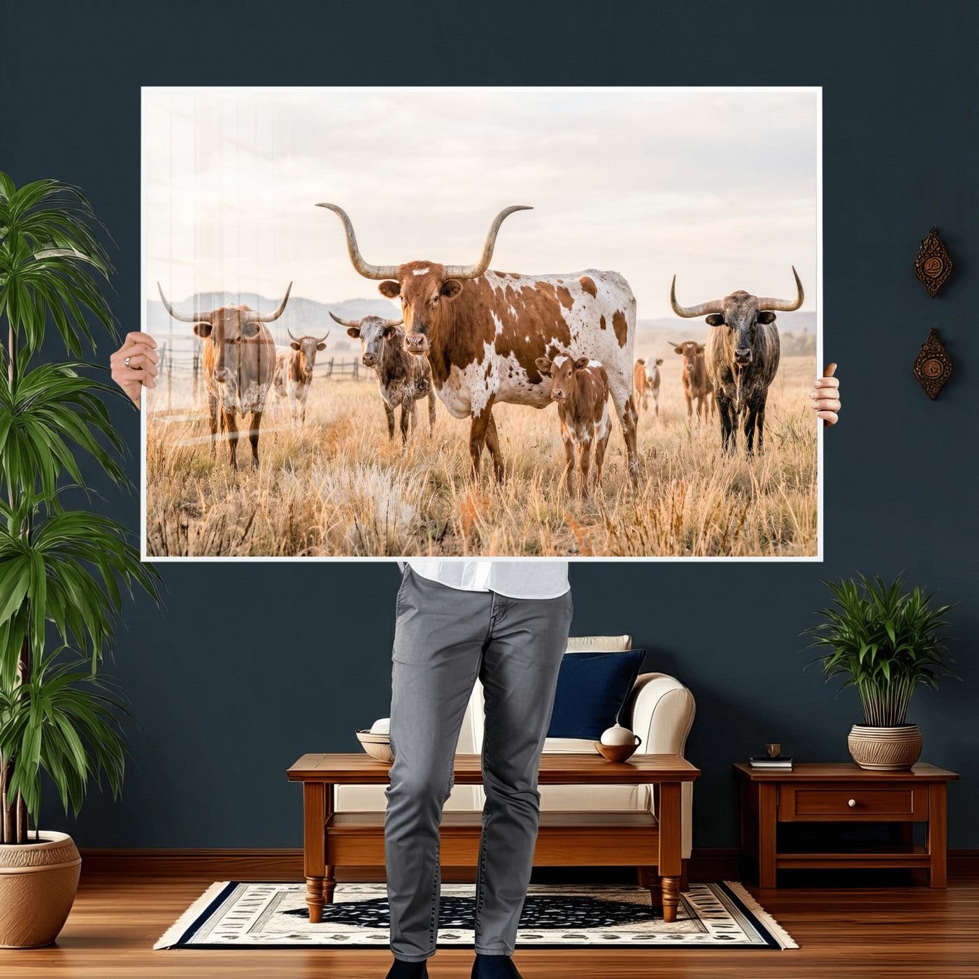 62336425AC-MGV-CV-36X24 - Texas Longhorn Canvas Wall Art, Rustic Farm Animal Photography Print, Farmhouse Country Decor, Western Ranch Art