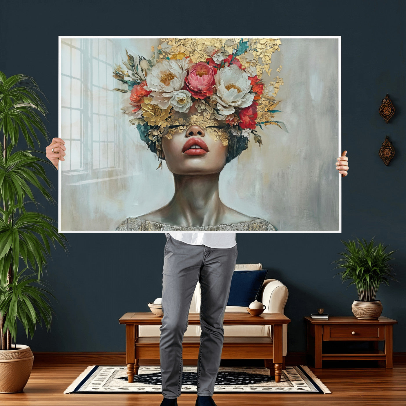 26919-MGV-CV-36X24 - Golden Petal Wall Art Canvas Print - Silhouette Woman Wall Art Canvas Print, Floral Woman Portrait