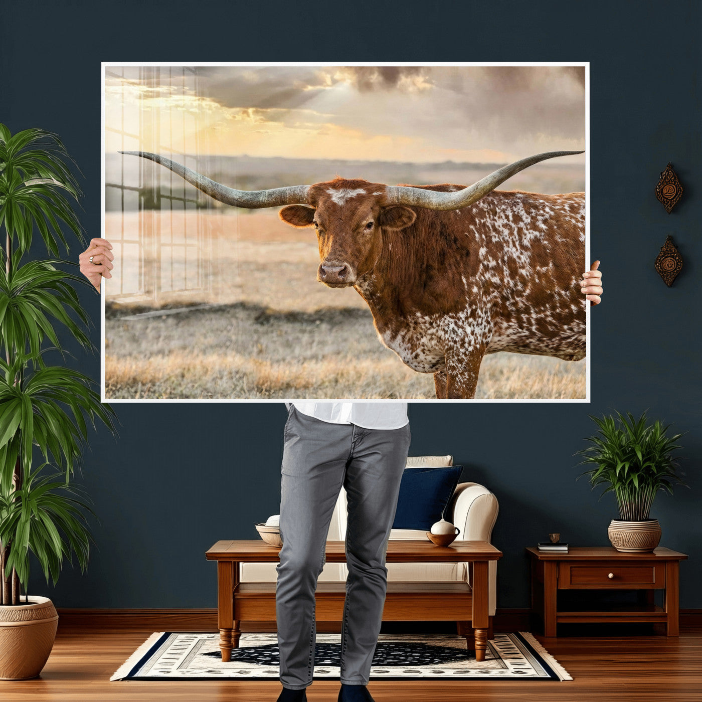 42715-MGV-CV-36X24 - Texas Longhorn Wall Art Canvas Print, Rustic Ranch Decor, Majestic Western Longhorn Cattle