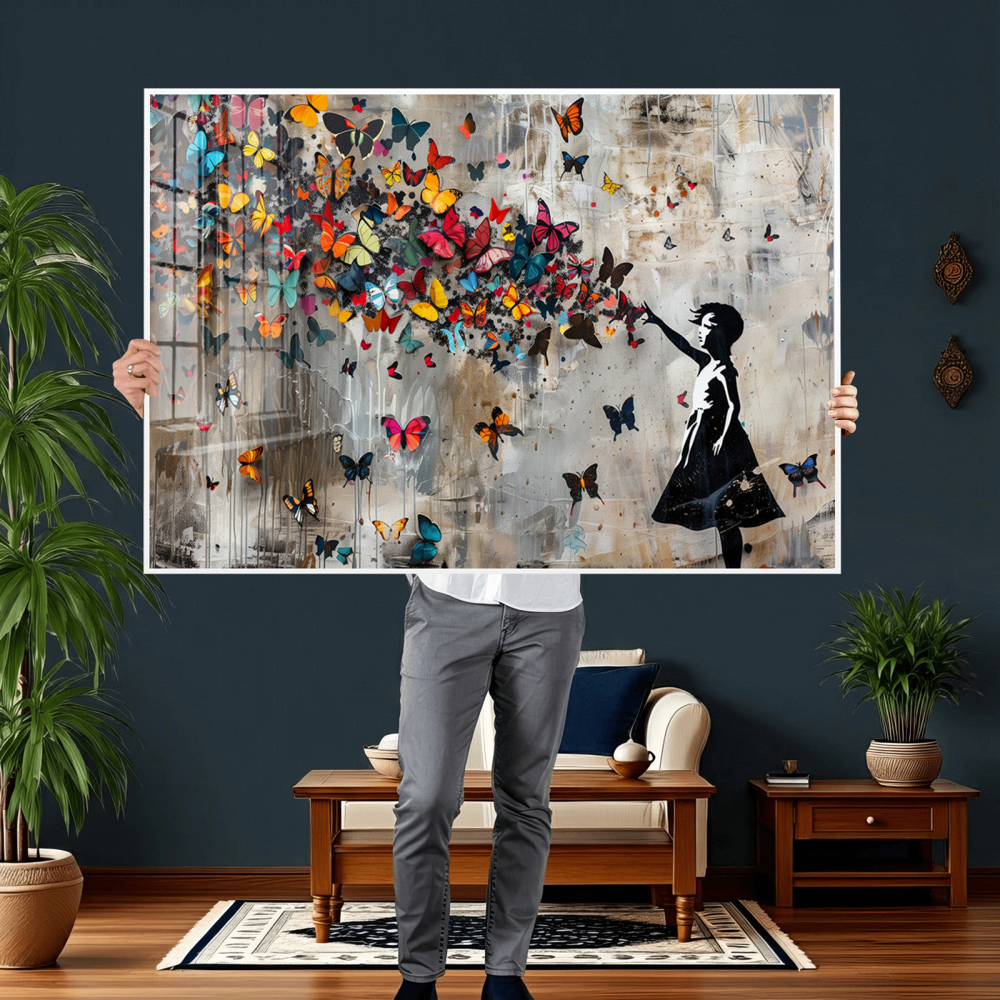 40269-MGV-CV-36X24 - Banksy Wall Art - Banksy Girl and Butterfly Explosion Wall Art Canvas Print | Girl with Butterflies