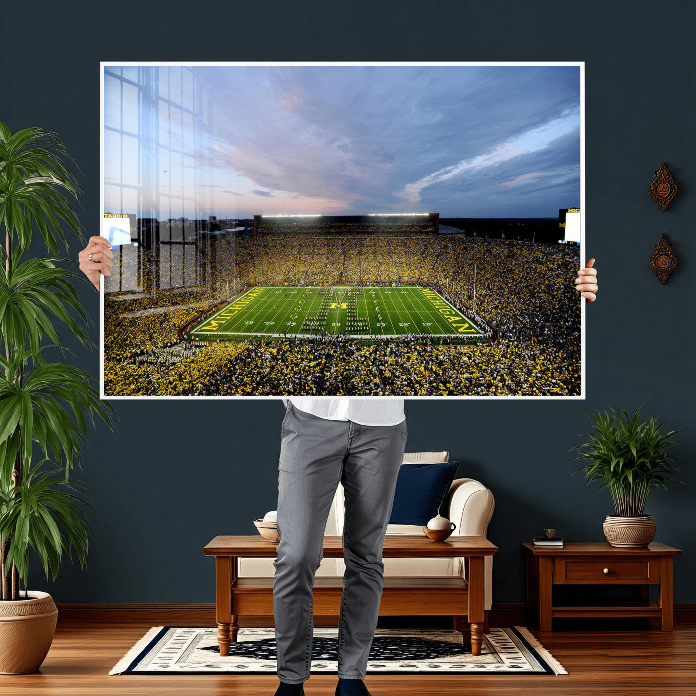 82641-MGV-CV-36X24 - Michigan Stadium Wall Art Canvas Print, Vibrant Game Day Crowd and Sunset Sky Football Field Artwork for Home, Office