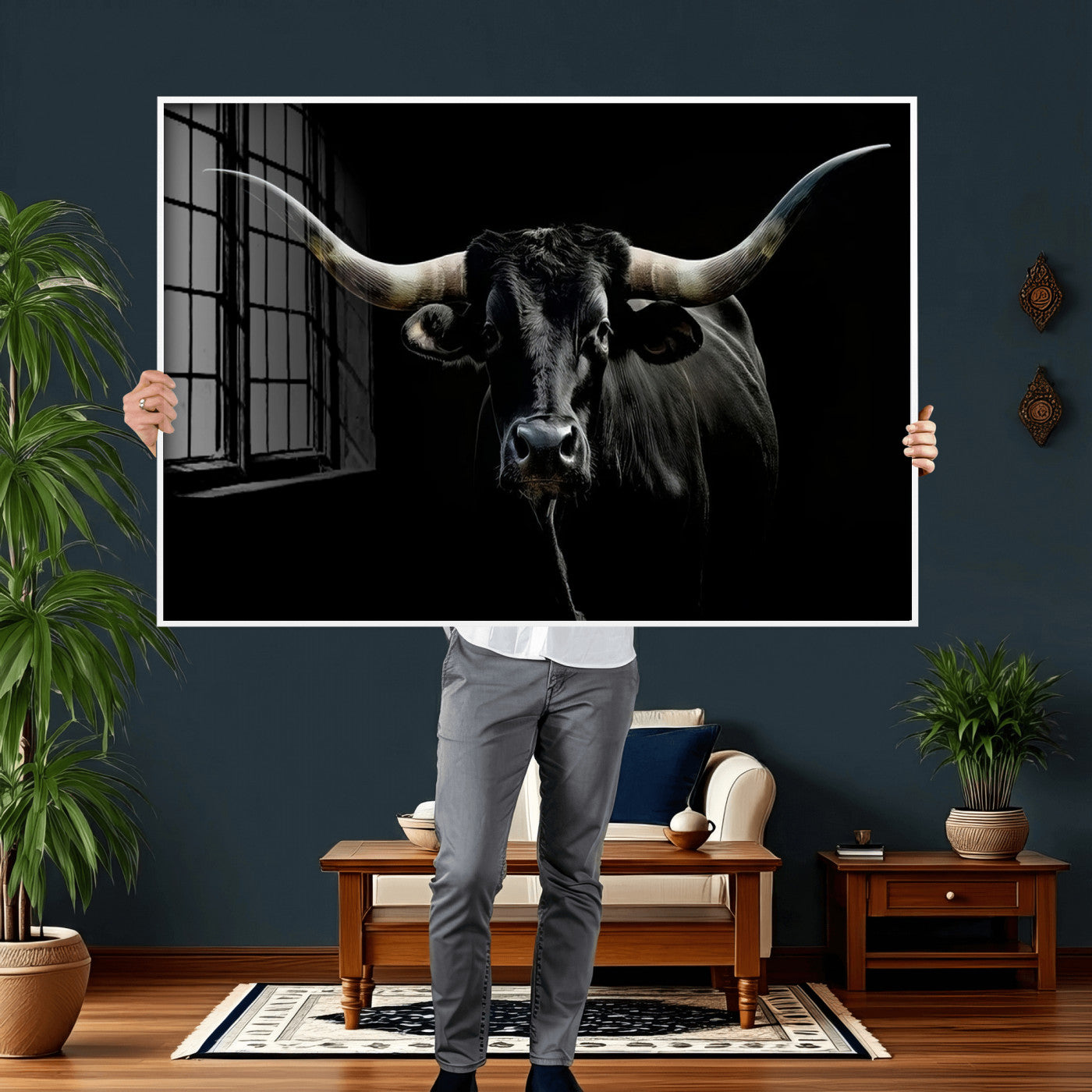 20679-MGV-CV-36X24 - Texas Black Longhorn Bull Wall Art Canvas Print - Western Texas Cattle Rustic Decor Print - Longhorn