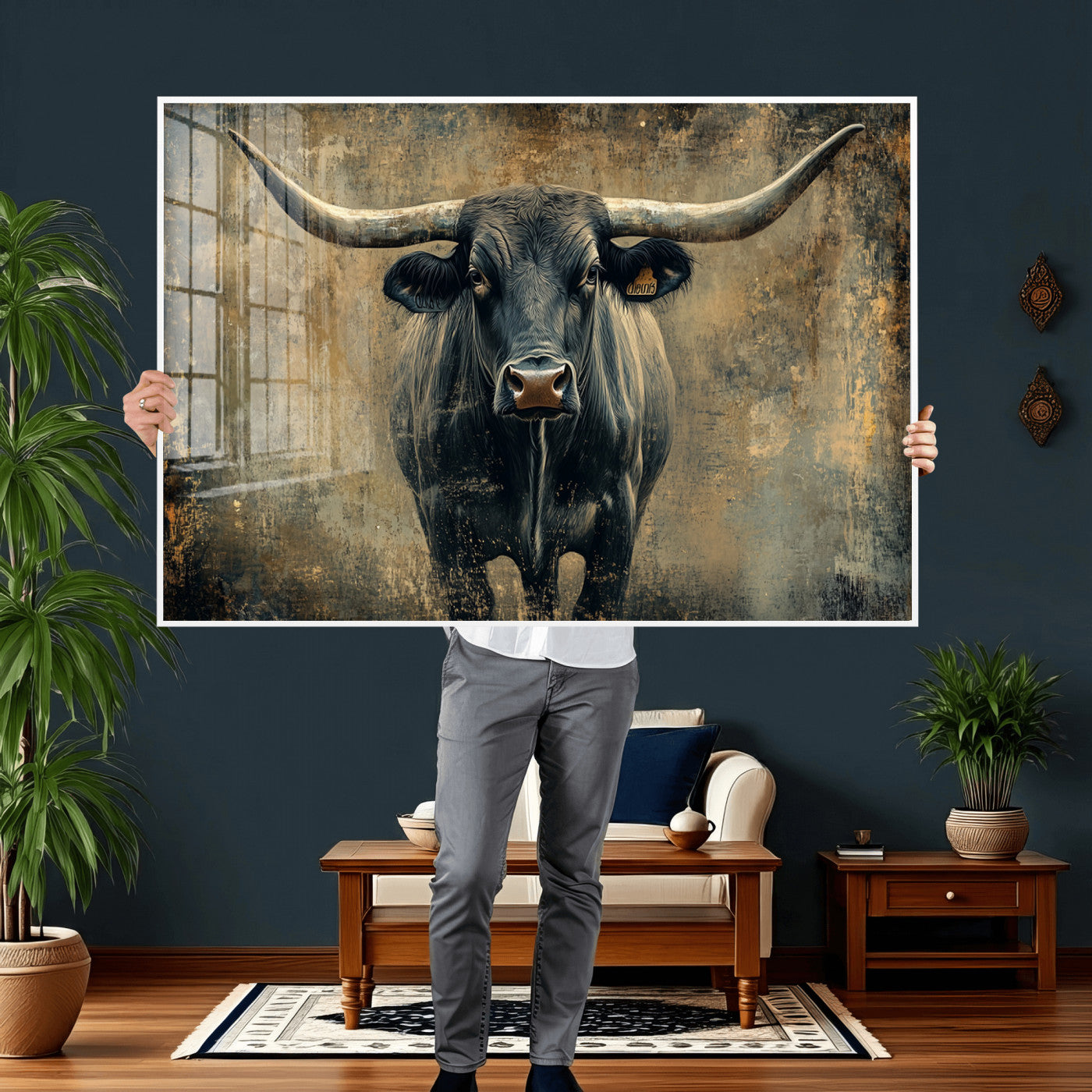 57385-MGV-CV-36X24 - Longhorn Bull Wall Art Canvas Print, Framed Rustic Cow Art Picture Print, Texas Longhorn Perfect Western Decor Artwork