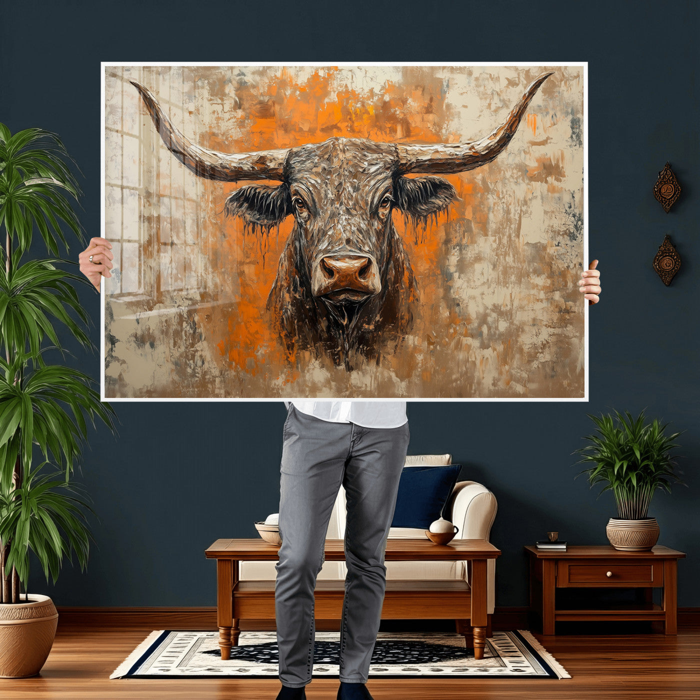 49976-MGV-CV-36X24 - Abstract Cow Longhorn Bull Wall Art Canvas Print - Rustic Texas Western Cattle Artwork