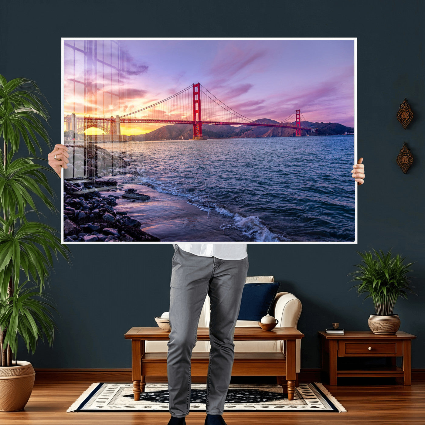 24256-MGV-CV-36X24 - Golden Gate Bridge Wall Art Print, San Francisco Sunset Canvas Wall Art, Cityscape Canvas Print for