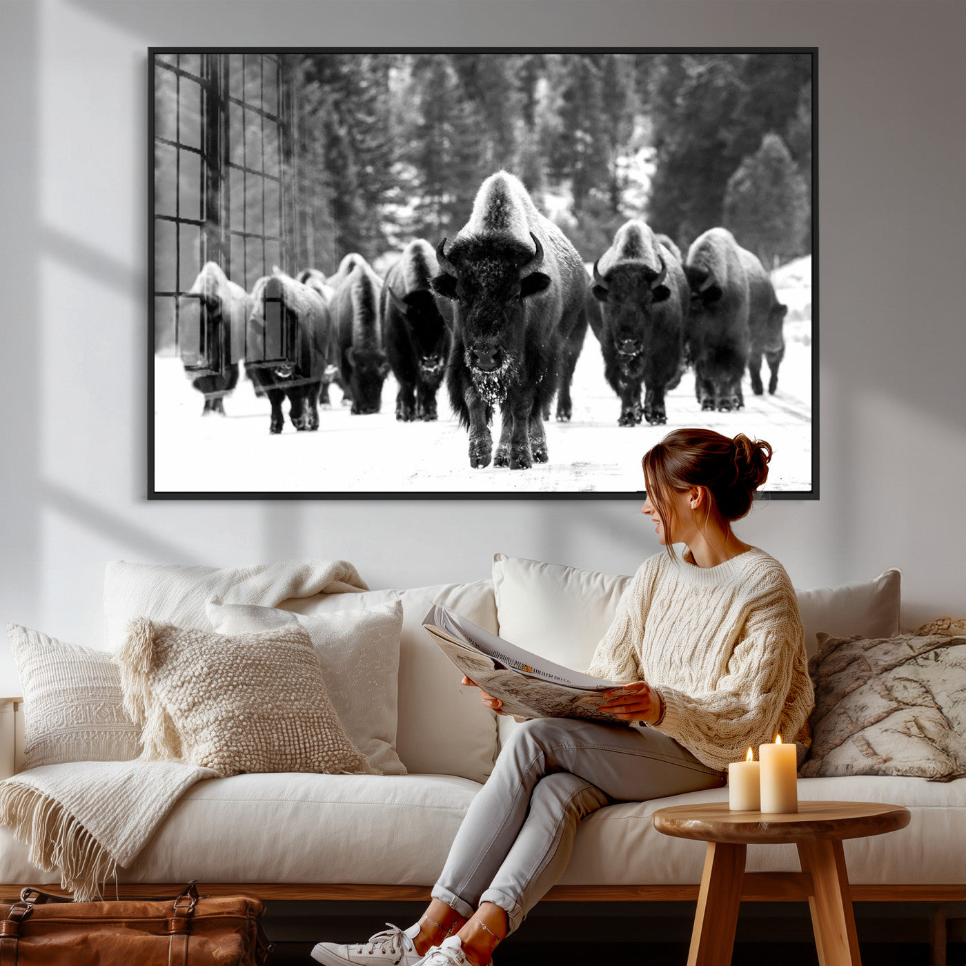 62434-MGV-CV-36X24 - Bison Herd in Snow Wall Art Canvas Print | Rustic Western Bison Wall Art for Decor for Living Room