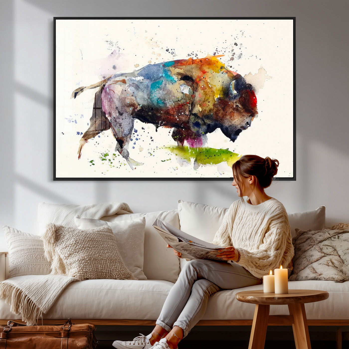 44504-MGV-CV-36X24 - Abstract Buffalo Wall Art, Western Watercolor Bison Canvas Print, Rustic Buffalo Art for Cowboy and