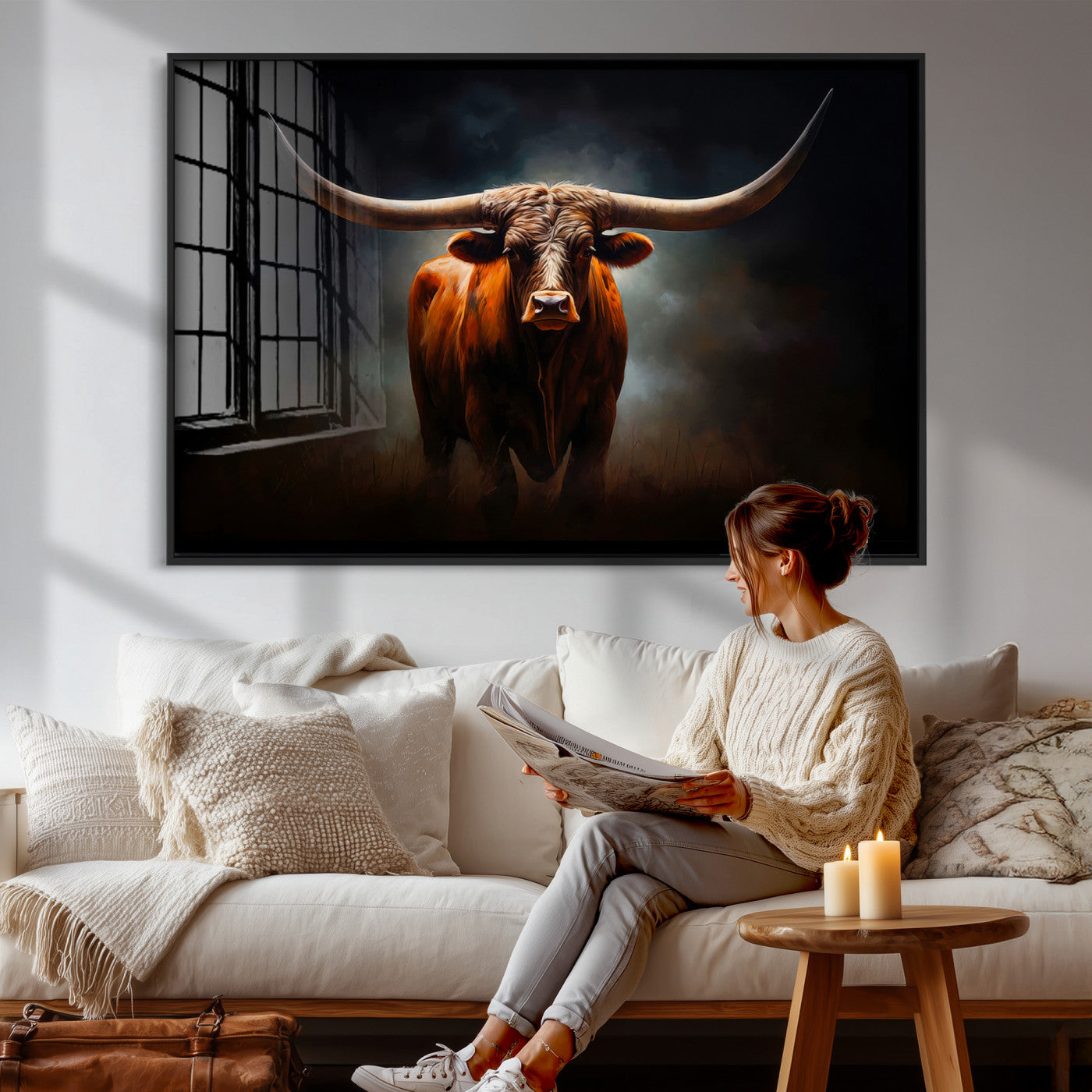 48896-MGV-CV-36X24 - Abstract Texas Longhorn Wall Art Print | 3-Panel Large Texas Longhorn Canvas Print for Living Room,