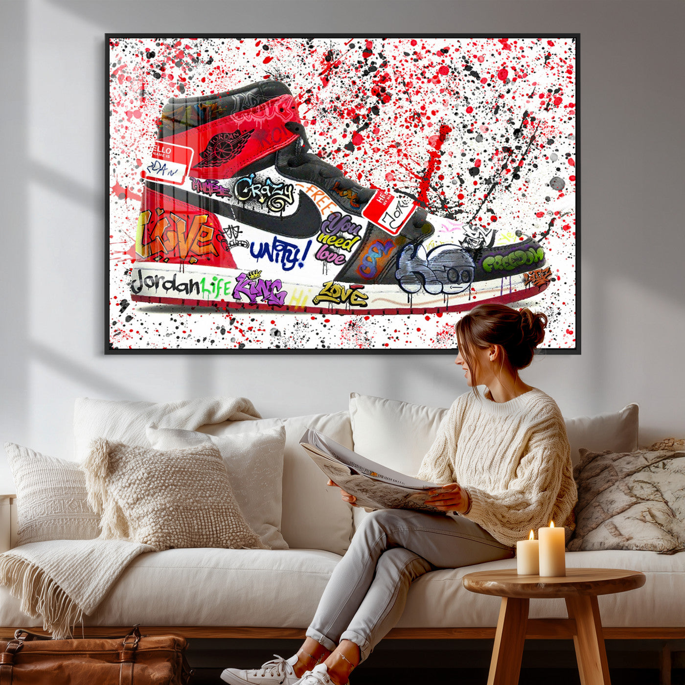 38836-MGV-CV-36X24 - Jordan Shoes Graffiti Wall Art Canvas Print- Jordan Graffiti Canvas Wall Art - Framed Perfect for