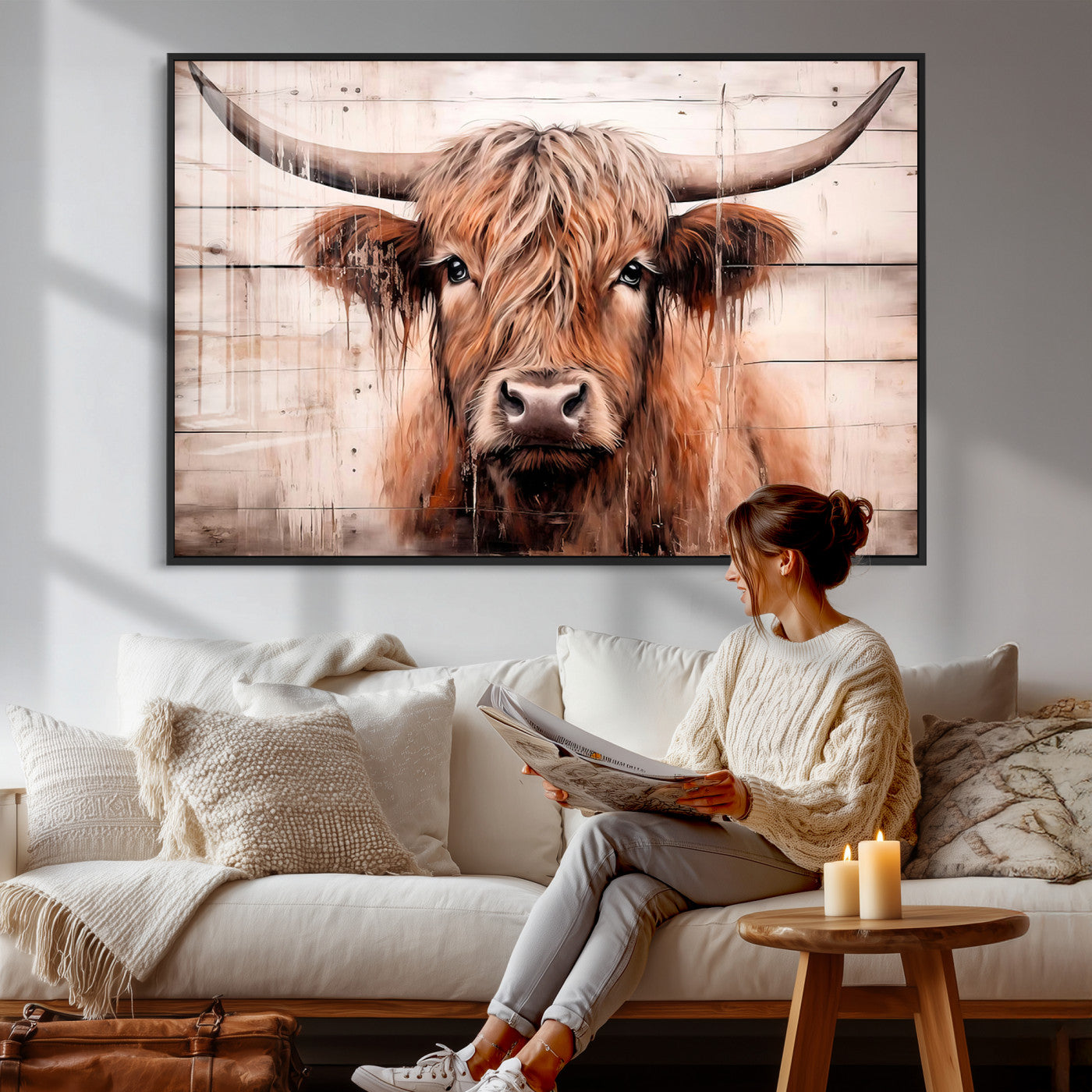 93730-MGV-CV-36X24 - Vintage Scottish Highland Cow Cattle Art Print Farmhouse Wall Art Canvas Print