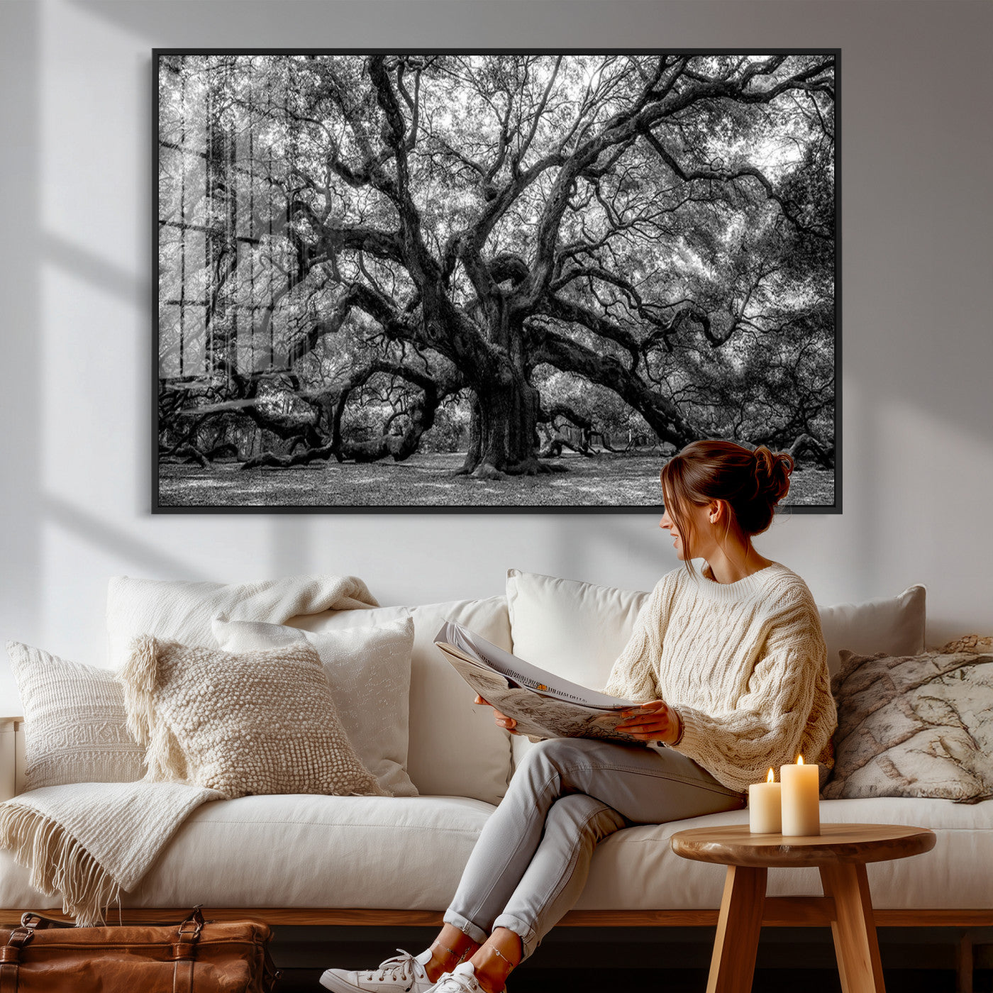 132944706-MGV-CV-36X24 - Black and White Old Angel Oak Tree Wall Art Canvas Print