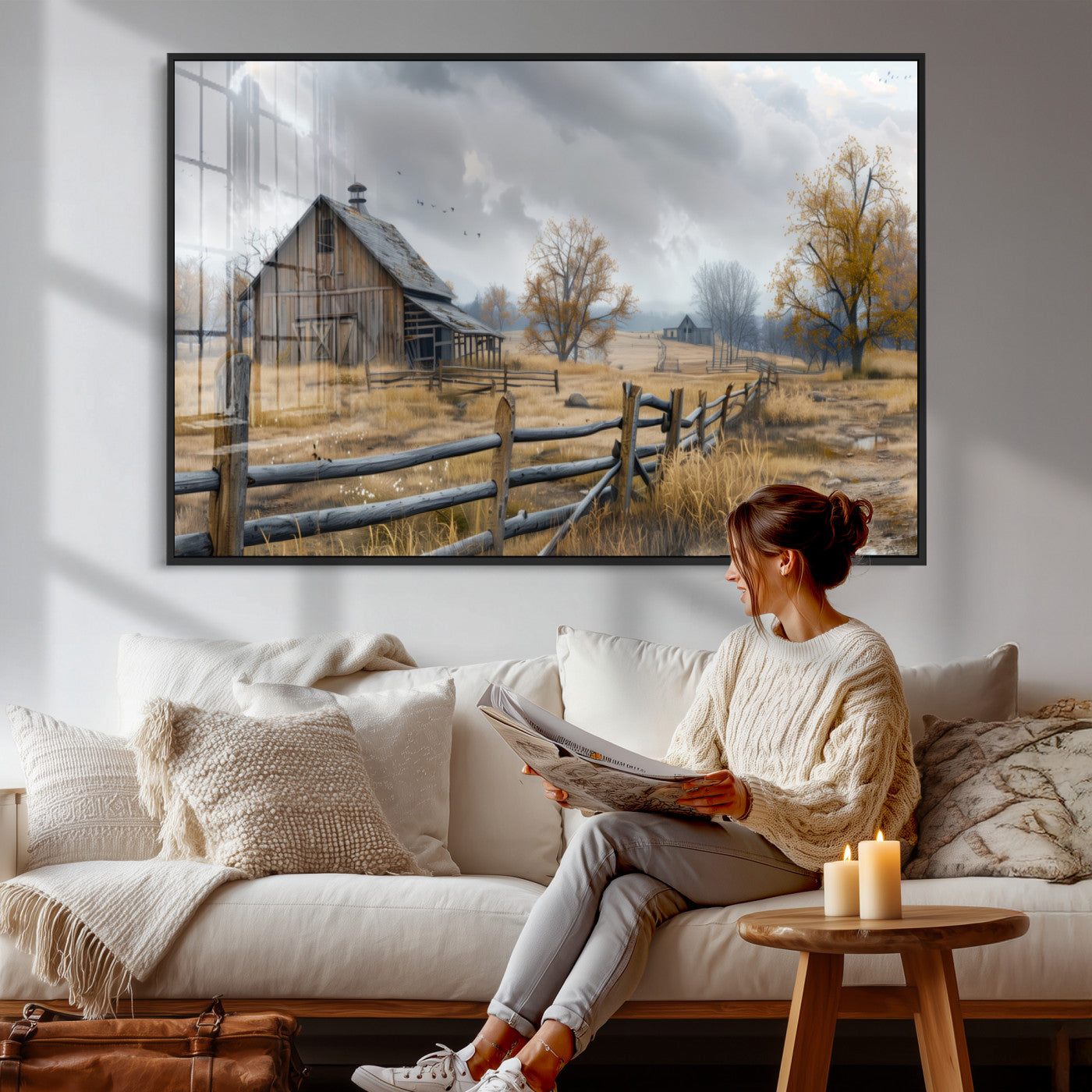 Farm1-MGV-CV-36X24 - Rustic Autumn Farmhouse Wall Art Canvas Print – Serene Countryside Scene with Weathered Barn and