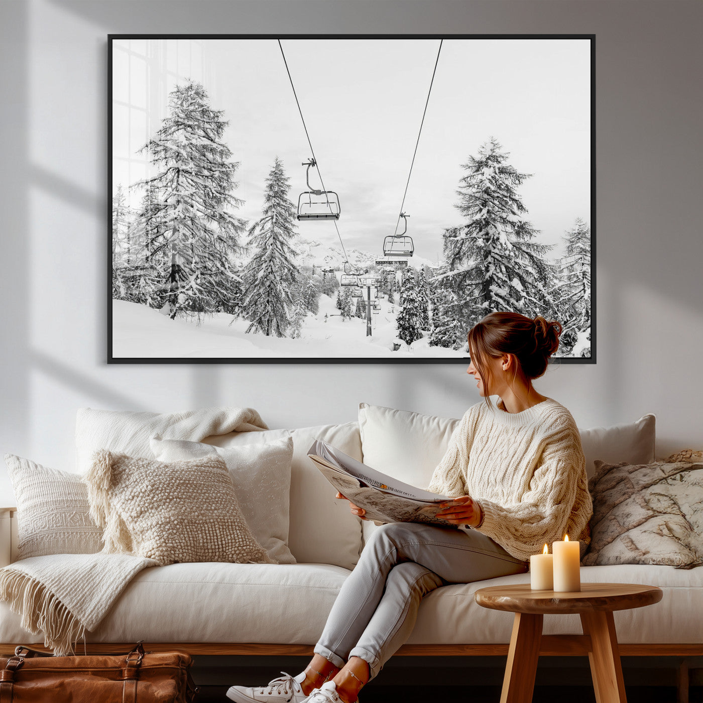 55003599-MGV-CV-36X24 - Snowy Ski Lift Wall Art – Framed Winter Forest Canvas Artwork, Peaceful Mountain Design, Modern Nature Decor for Home, Office