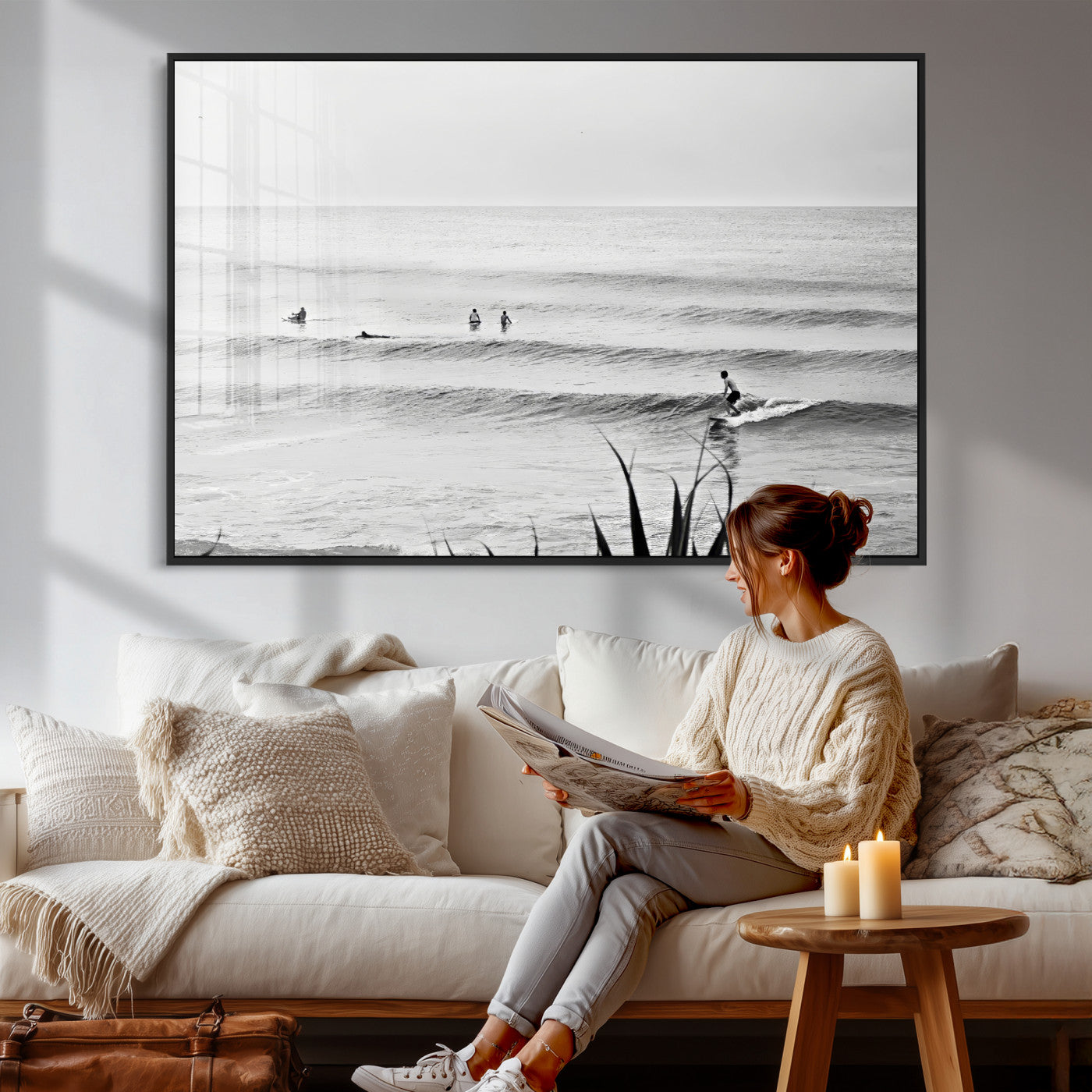 33821421-MGV-CV-36X24 - Surfer Silhouette Wall Art Canvas Print, Framed Calm Ocean Art Picture Print, Monochrome Surf Minimalist Coastal Decor Artwor