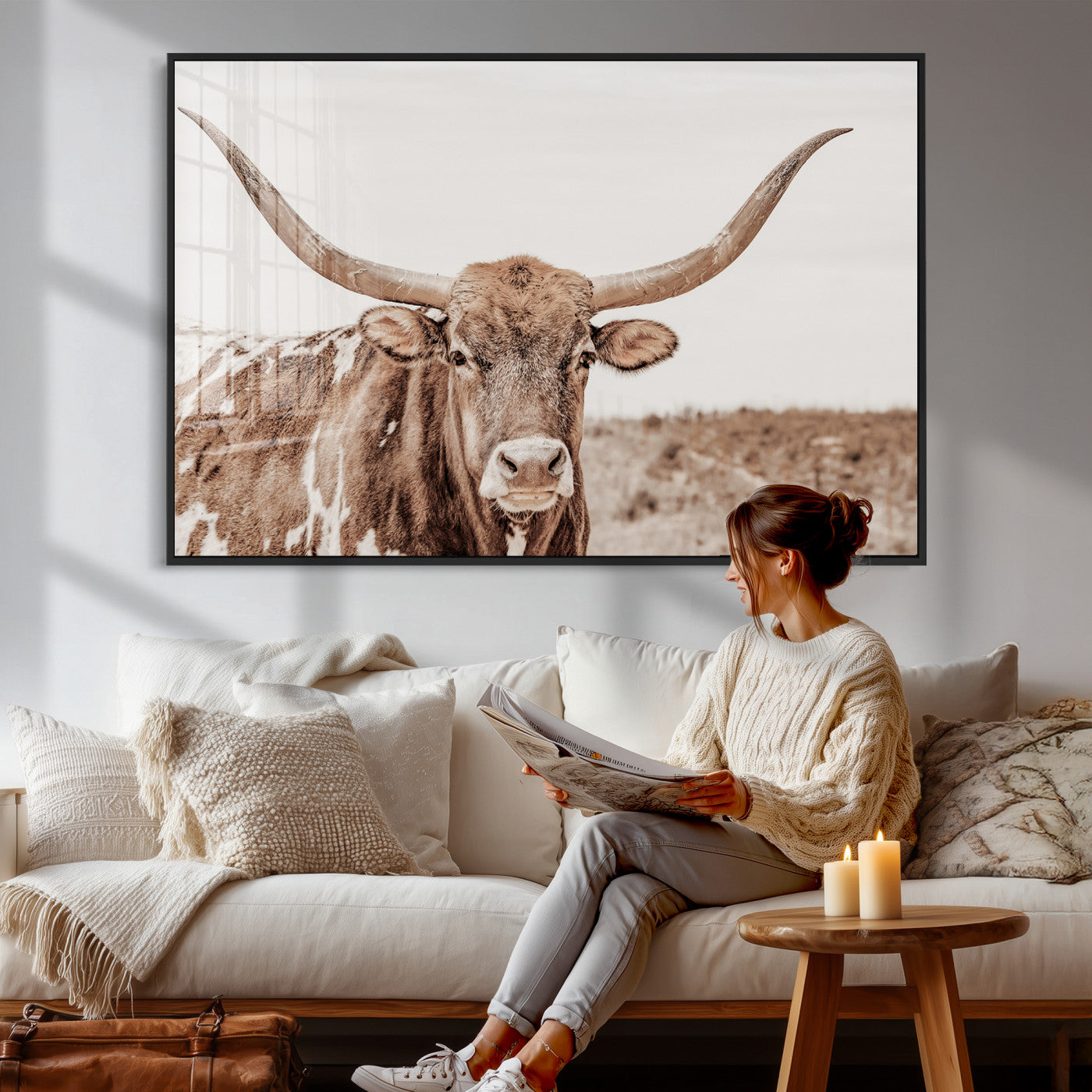 39964150-MGV-CV-36X24 - Longhorn Cow Wall Art Canvas Print, Texas Ranch Print, Framed Western Bull Art Print, Large BigHorn Cowboy Printing Perfect for County Decor
