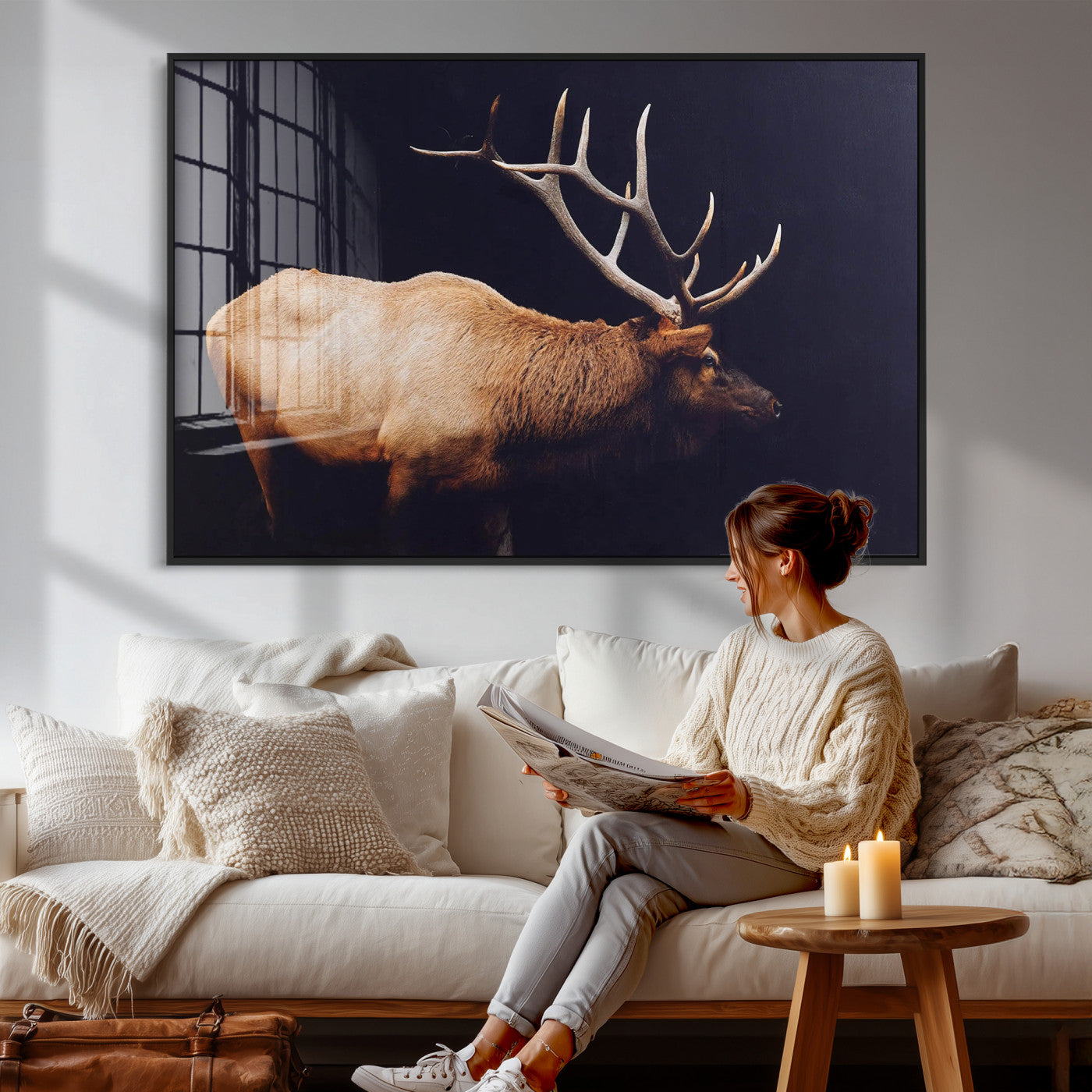 89239257-MGV-CV-36X24 - Rustic Elk Wall Art Canvas Print – Framed Moody Wildlife Art Picture Western Animal Artwork for Home, Office Decor