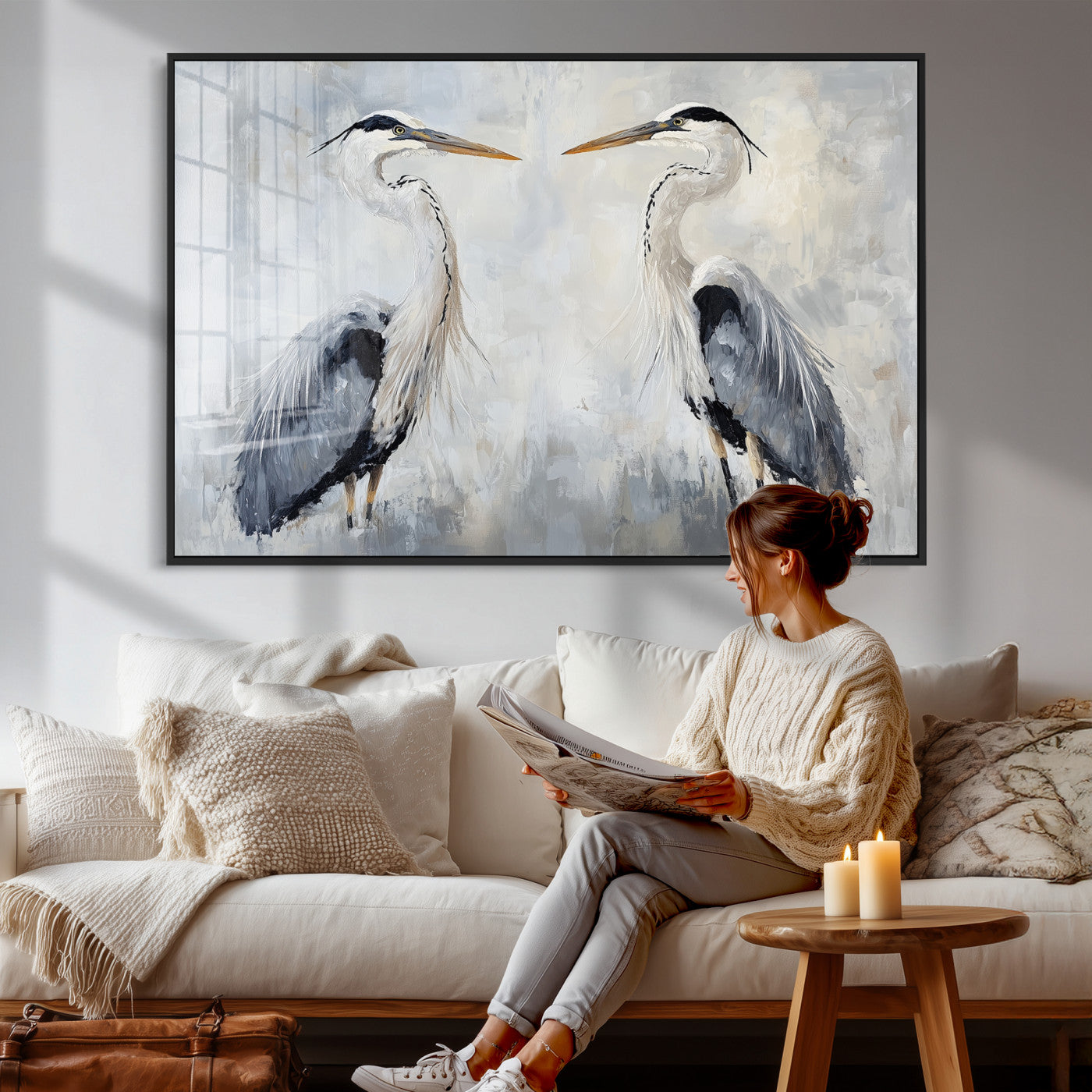 90806932-MGV-CV-36X24 - Heron Wall Art Wall Art Canvas Print, Framed Bird Canvas Decor Art Picture Print, Nature Inspired Perfect Coastal Minimalist Decor Artwork