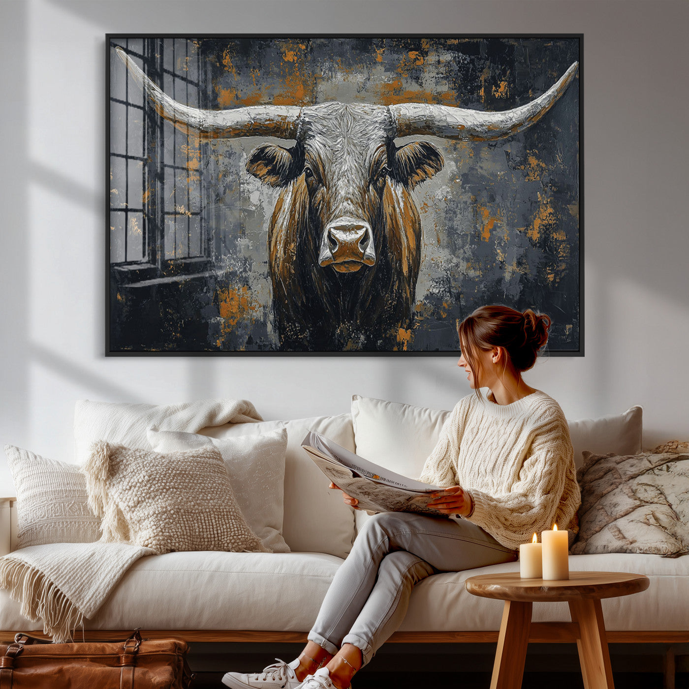 73972561-MGV-CV-36X24 - Bold Bull Wall Art Canvas – Striking Portrait with Wide Horns and Rich Brown Hues, Rustic Farmhouse and Western Decor for Home Room