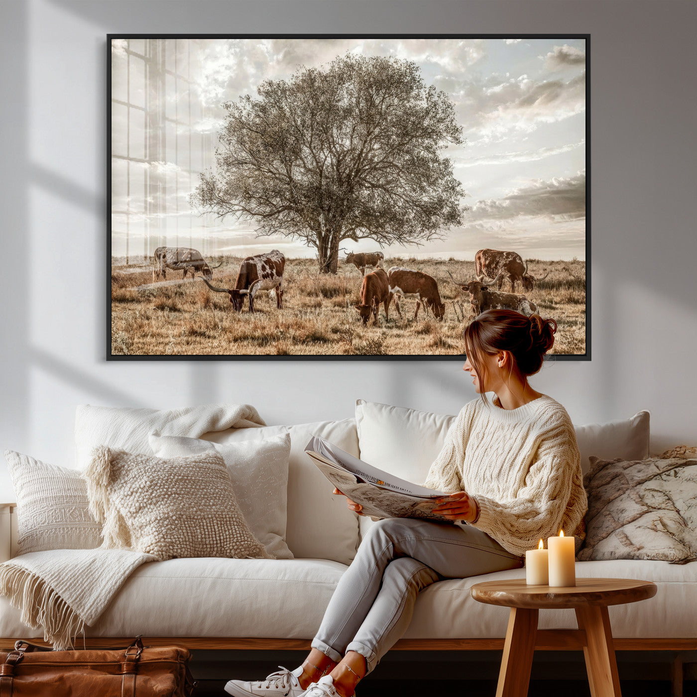 87590224-MGV-CV-36X24 - Texas Longhorn Cattle Wall Art Canvas Print – Rustic Western Ranch Scene with Steers at Sunset, Perfect for Farmhouse or Cowboy Decor