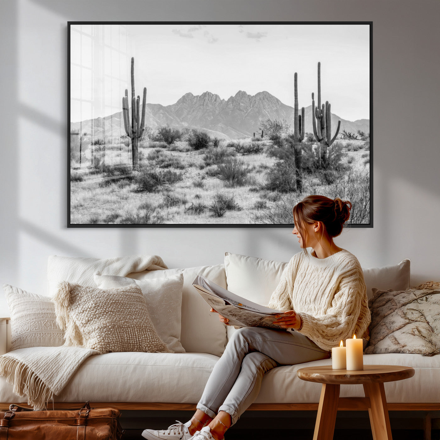 97436PHN-MGV-CV-36X24 - Black White Arizona Desert Canvas Wall Art Cactus Farmhouse Wall Art