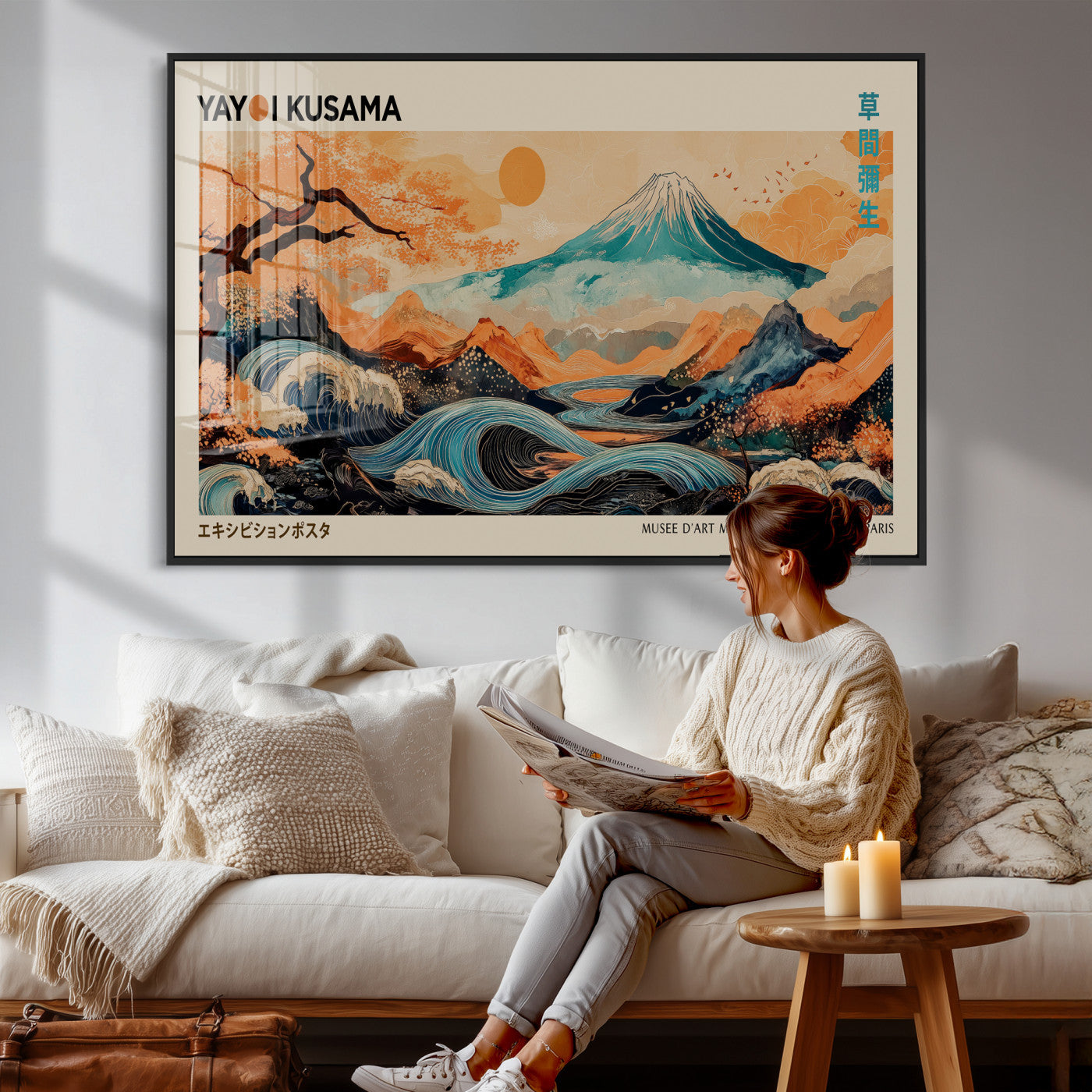 94085549-MGV-CV-36X24 - Yayoi Kusama Japanese Landscape Wall Art Canvas Print – Modern Abstract Mount Fuji Wall Art - Japanese Waves & Autumn Trees Print