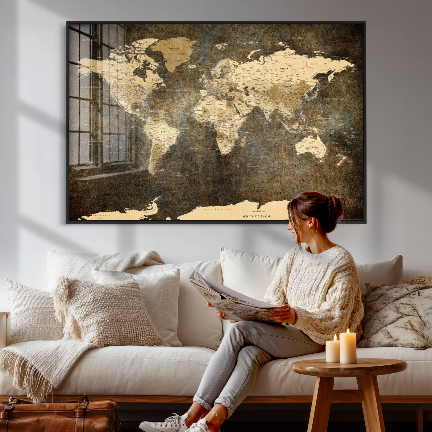 89742472-MGV-CV-36X24 - World Map Wall Art Canvas Print, Modern Decorative Framed Map Artwork Prints for Living Room, Office, Bedroom Wall Decor