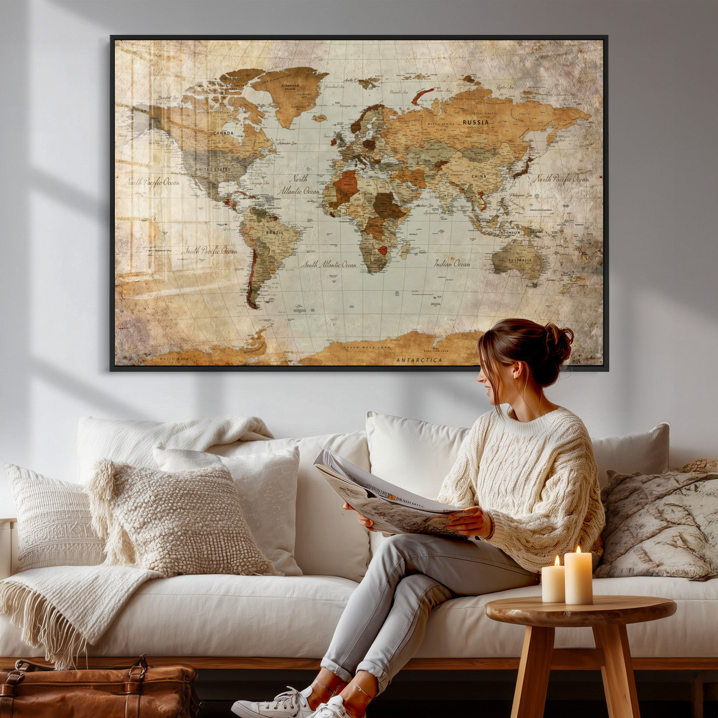 74176056-MGV-CV-36X24 - World Map Wall Art Canvas Print, Modern Decorative Framed Map Artwork Prints for Living Room, Office, Bedroom Wall Decor