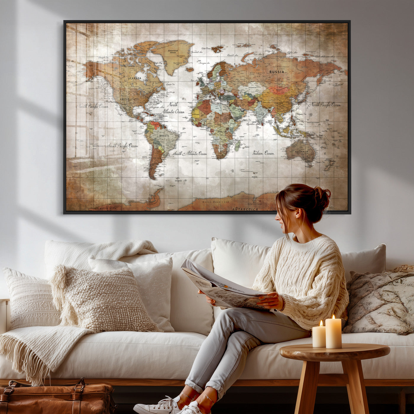 51643807-MGV-CV-36X24 - World Map Wall Art Canvas Print, Modern Decorative Framed Map Artwork Prints for Living Room, Office, Bedroom Wall Decor