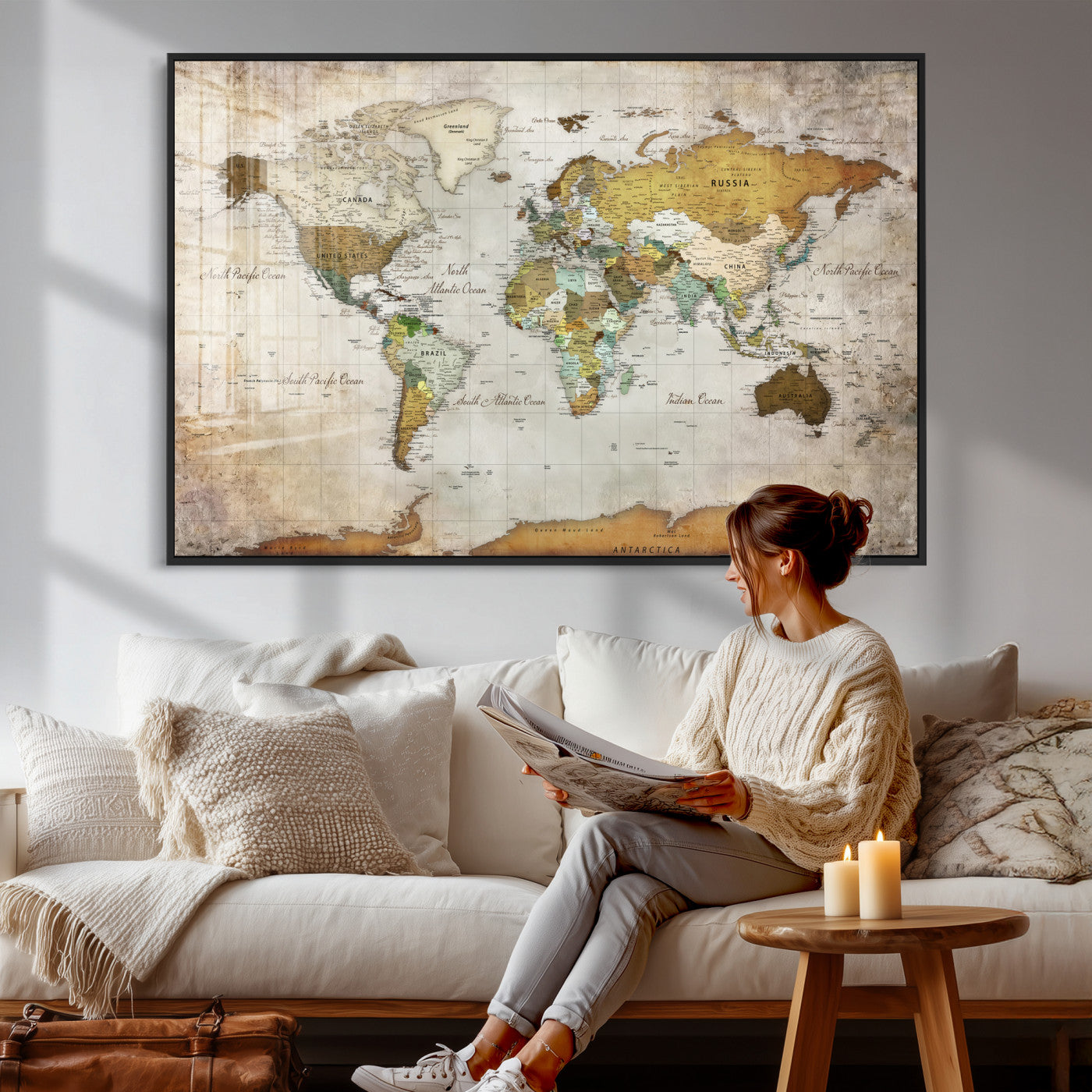 86108417-MGV-CV-36X24 - World Map Wall Art Canvas Print, Modern Decorative Framed Map Artwork Prints for Living Room, Office, Bedroom Wall Decor