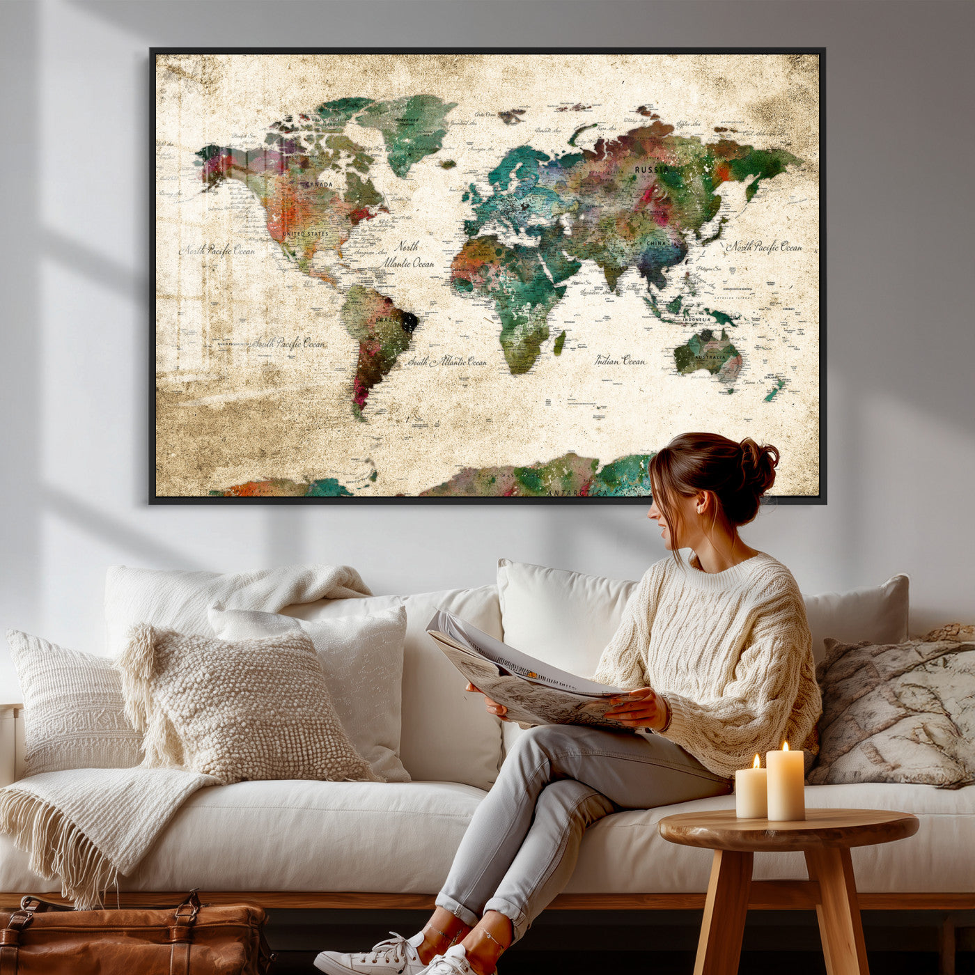 87544591-MGV-CV-36X24 - World Map Wall Art Canvas Print, Modern Decorative Framed Map Artwork Prints for Living Room, Office, Bedroom Wall Decor