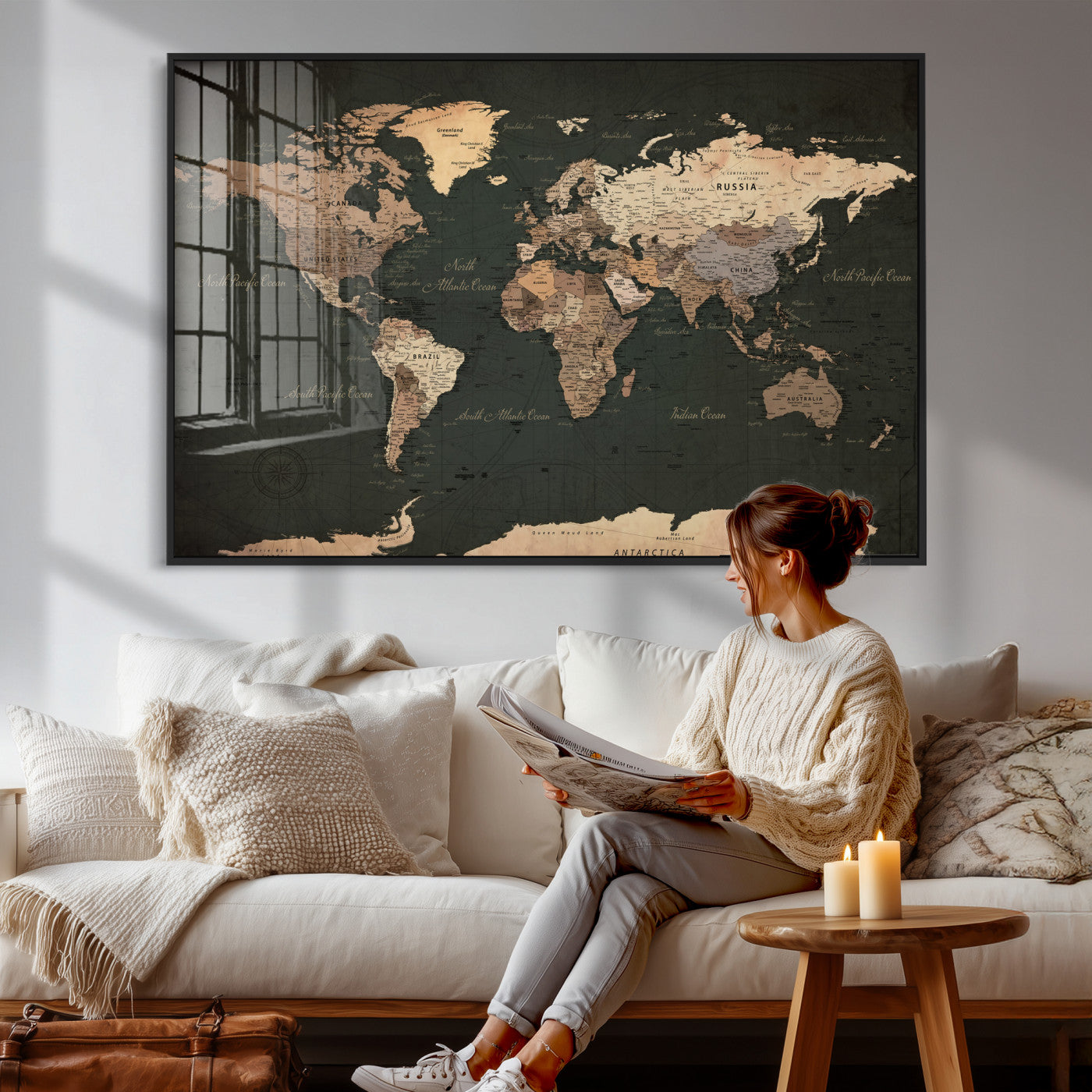 62059333-MGV-CV-36X24 - World Map Wall Art Canvas Print, Modern Decorative Framed Map Artwork Prints for Living Room, Office, Bedroom Wall Decor