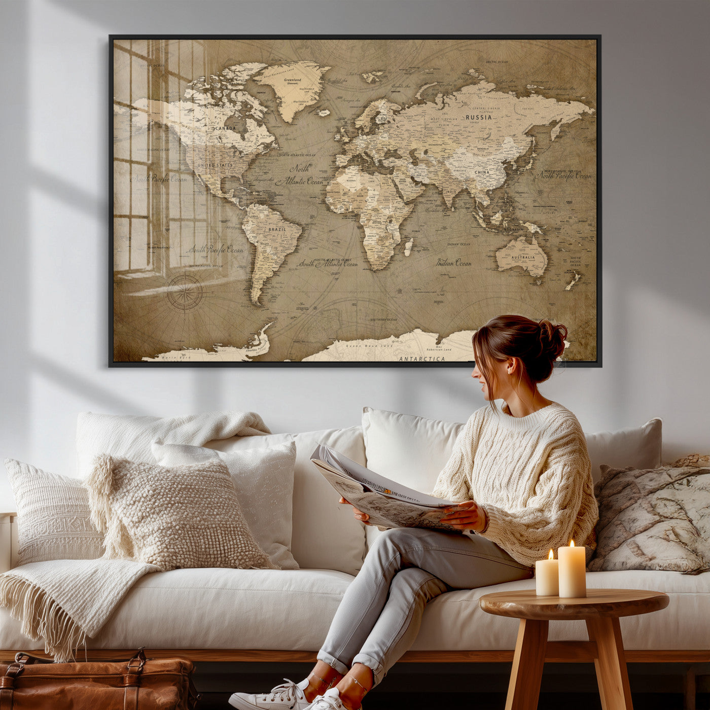 82314635-MGV-CV-36X24 - World Map Wall Art Canvas Print, Modern Decorative Framed Map Artwork Prints for Living Room, Office, Bedroom Wall Decor