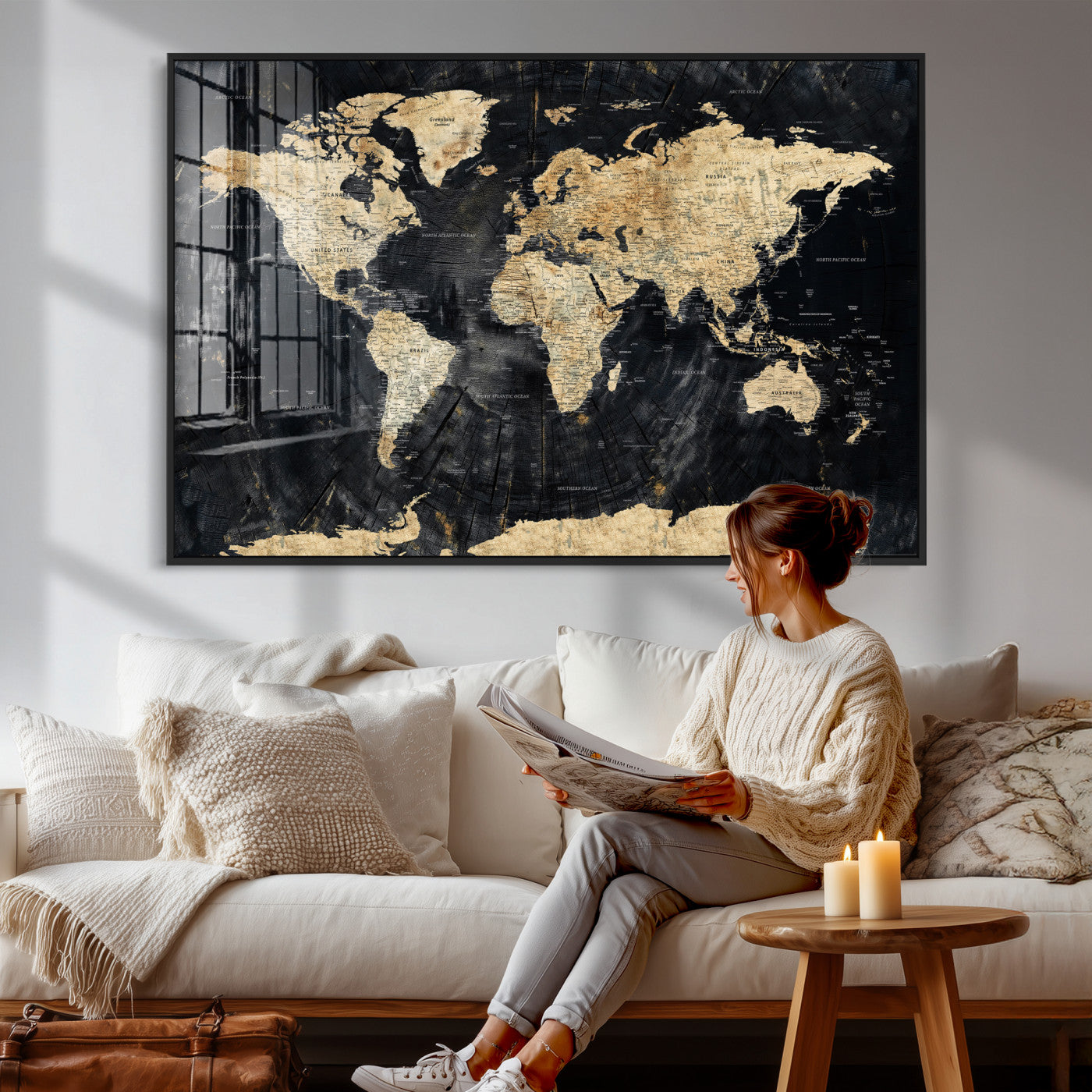 45535041-MGV-CV-36X24 - World Map Wall Art Canvas Print, Modern Decorative Framed Map Artwork Prints for Living Room, Office, Bedroom Wall Decor