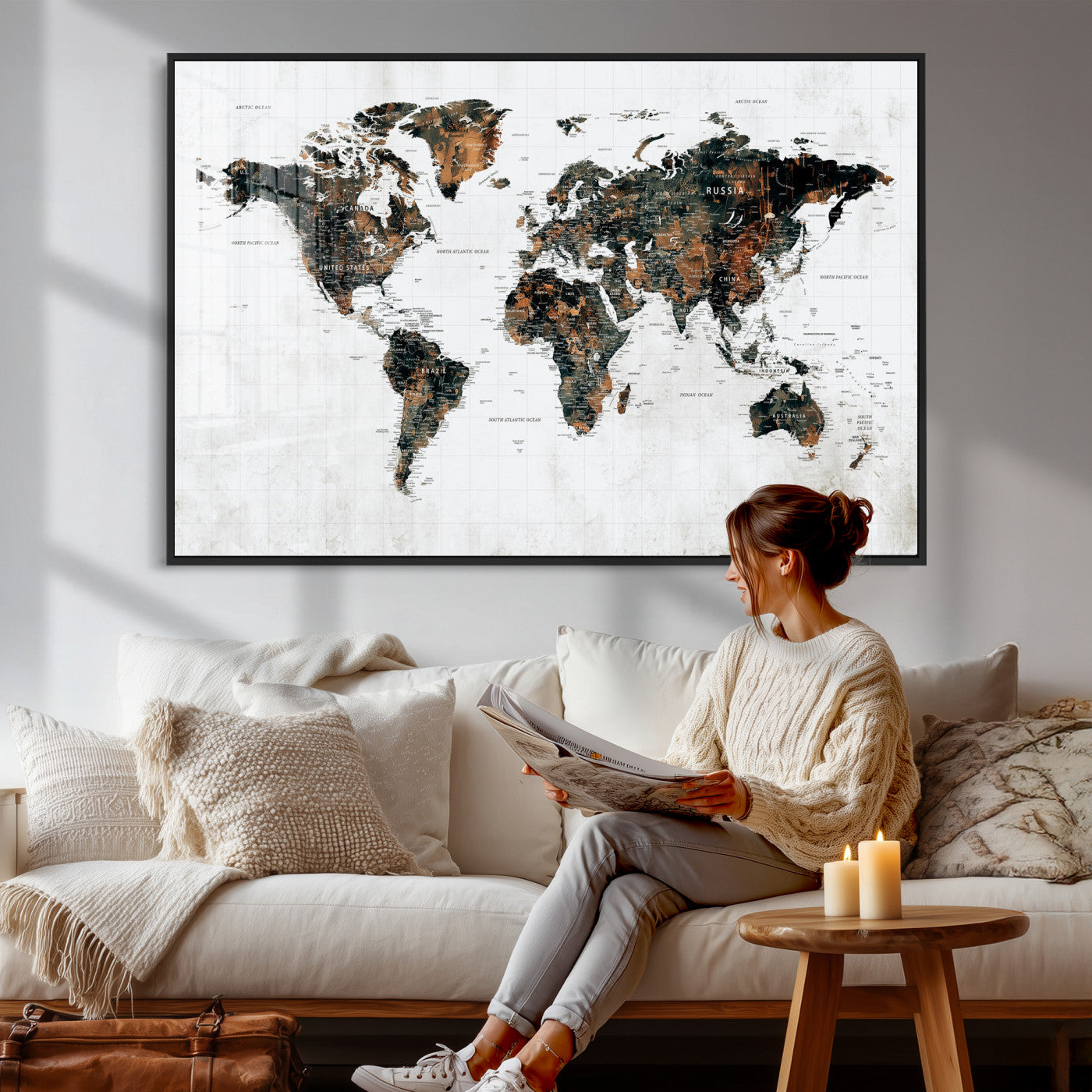 60008766-MGV-CV-36X24 - World Map Wall Art Canvas Print, Modern Decorative Framed Map Artwork Prints for Living Room, Office, Bedroom Wall Decor
