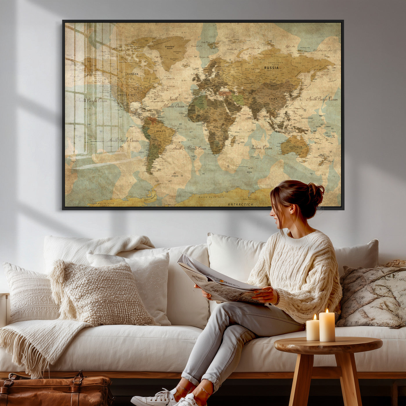 89356927-MGV-CV-36X24 - World Map Wall Art Canvas Print, Modern Decorative Framed Map Artwork Prints for Living Room, Office, Bedroom Wall Decor