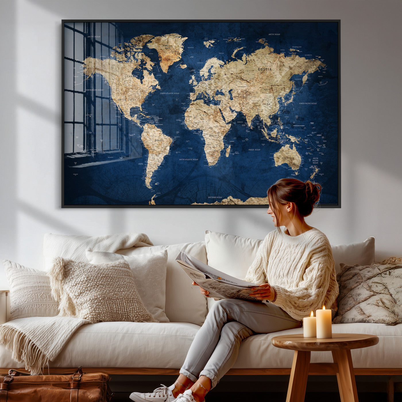 57503519-MGV-CV-36X24 - World Map Wall Art Canvas Print, Modern Decorative Framed Map Artwork Prints for Living Room, Office, Bedroom Wall Decor