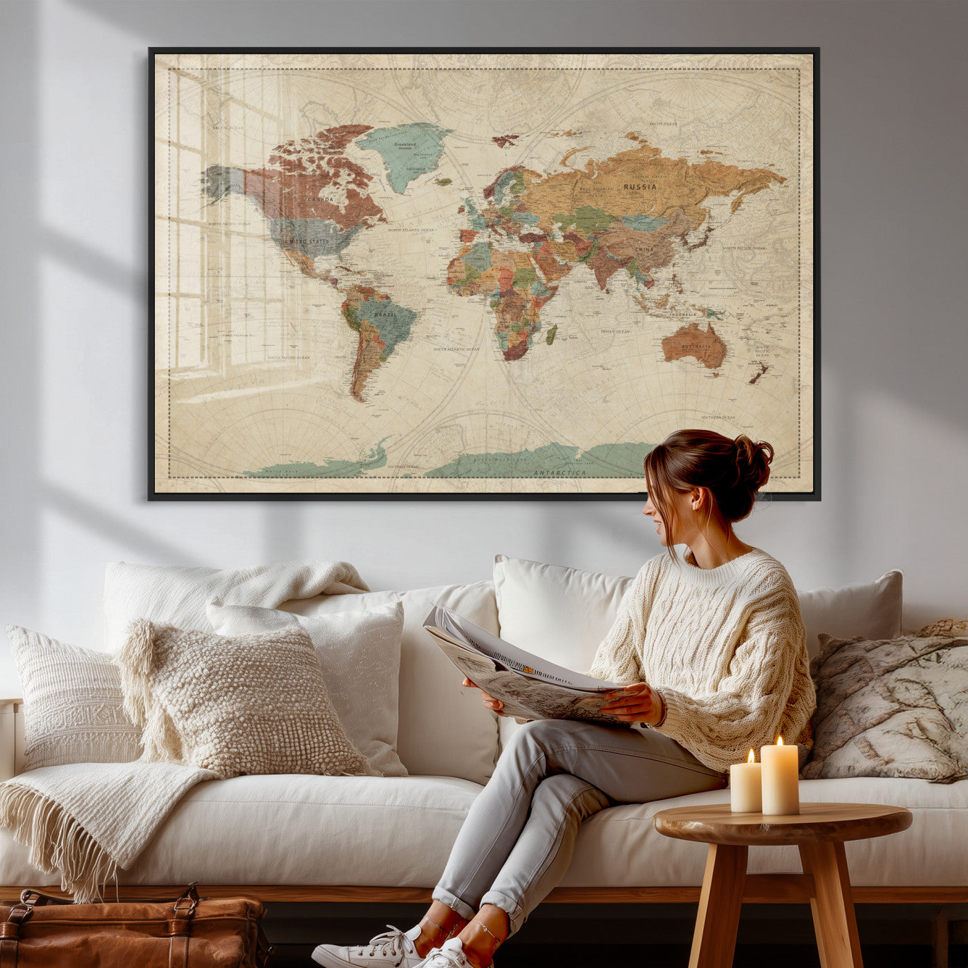 68428598-MGV-CV-36X24 - World Map Wall Art Canvas Print, Modern Decorative Framed Map Artwork Prints for Living Room, Office, Bedroom Wall Decor