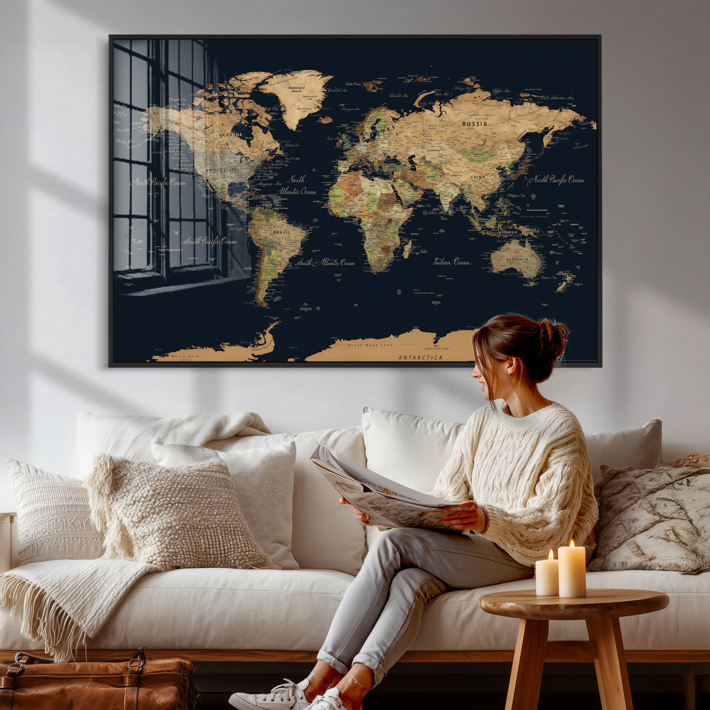 94449133-MGV-CV-36X24 - World Map Wall Art Canvas Print, Modern Decorative Framed Map Artwork Prints for Living Room, Office, Bedroom Wall Decor