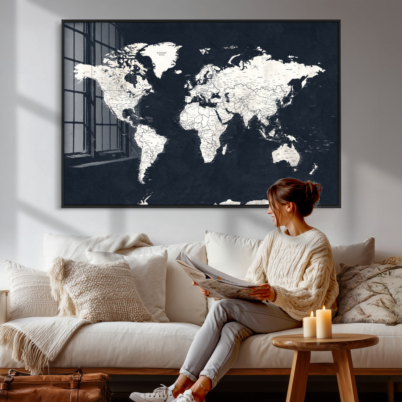 11963807-MGV-CV-36X24 - World Map Wall Art Canvas Print, Modern Decorative Framed Map Artwork Prints for Living Room, Office, Bedroom Wall Decor