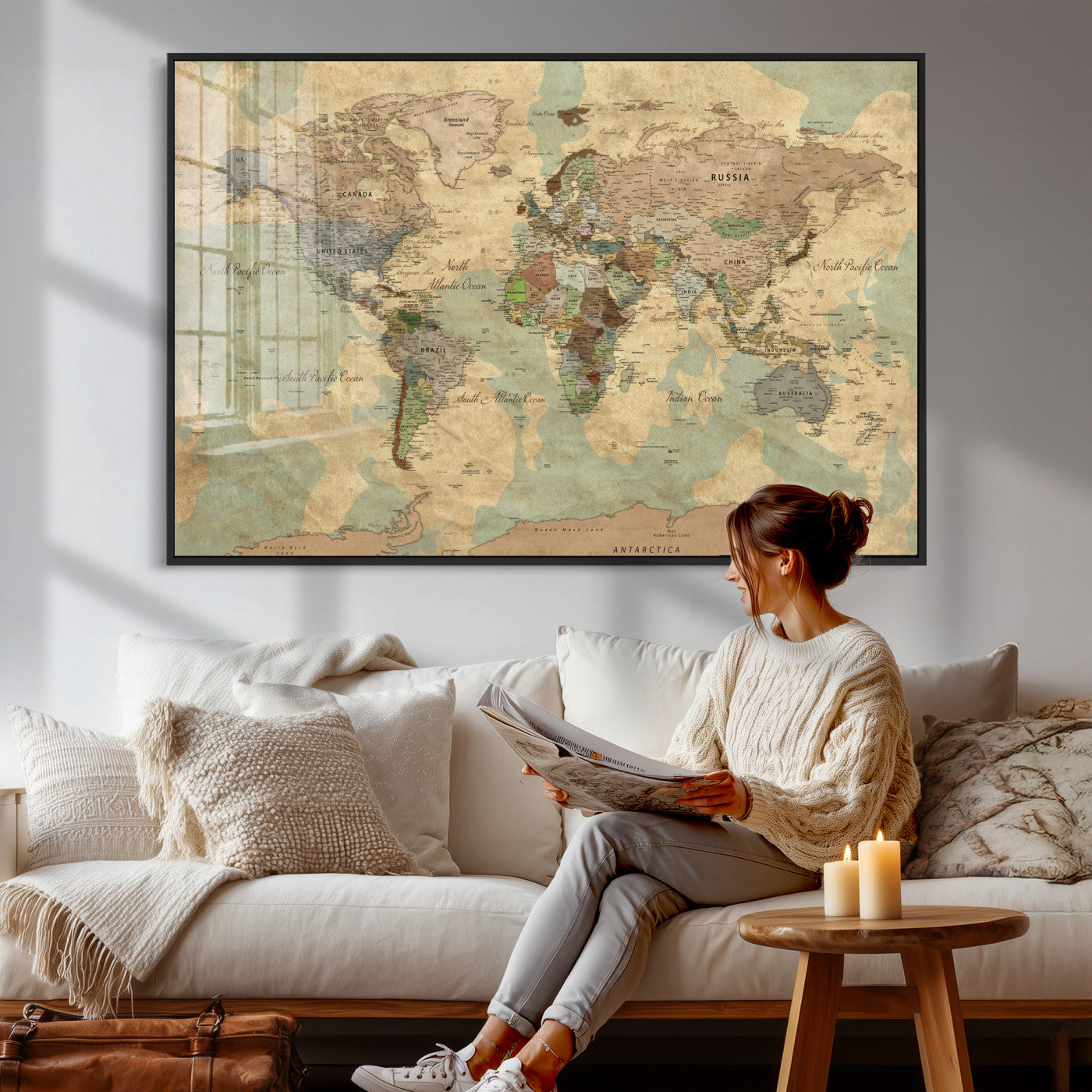 72396478-MGV-CV-36X24 - World Map Wall Art Canvas Print, Modern Decorative Framed Map Artwork Prints for Living Room, Office, Bedroom Wall Decor