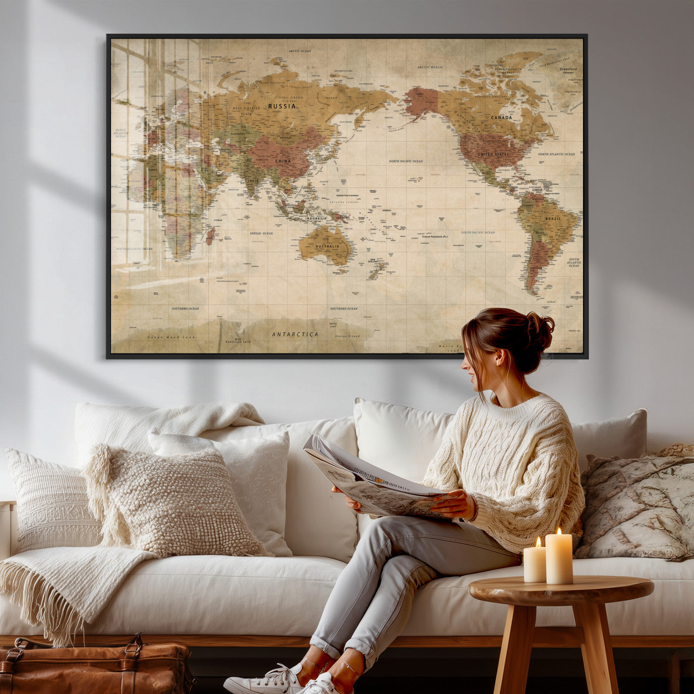 83478963-MGV-CV-36X24 - World Map Wall Art Canvas Print, Modern Decorative Framed Map Artwork Prints for Living Room, Office, Bedroom Wall Decor