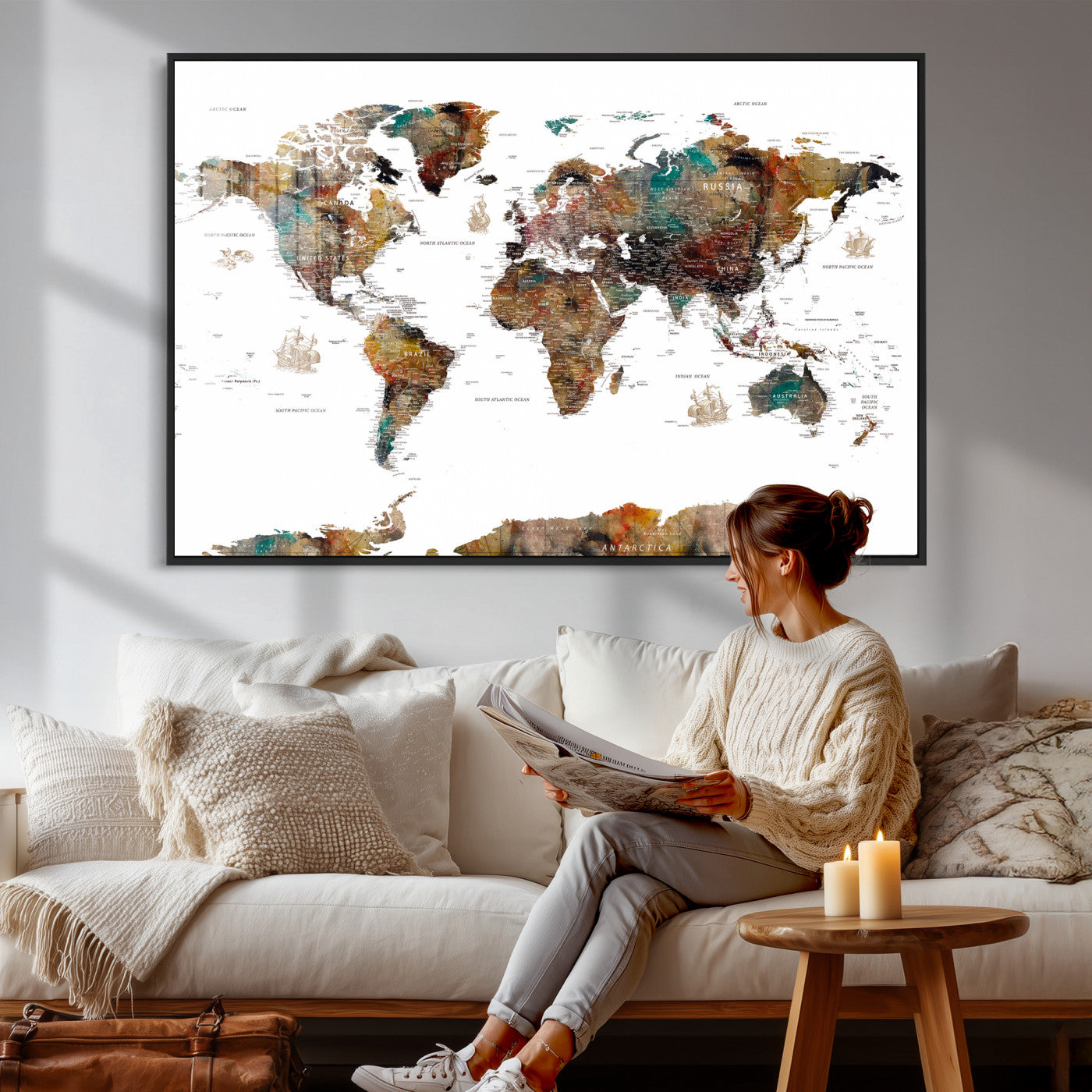 82293175-MGV-CV-36X24 - World Map Wall Art Canvas Print, Modern Decorative Framed Map Artwork Prints for Living Room, Office, Bedroom Wall Decor