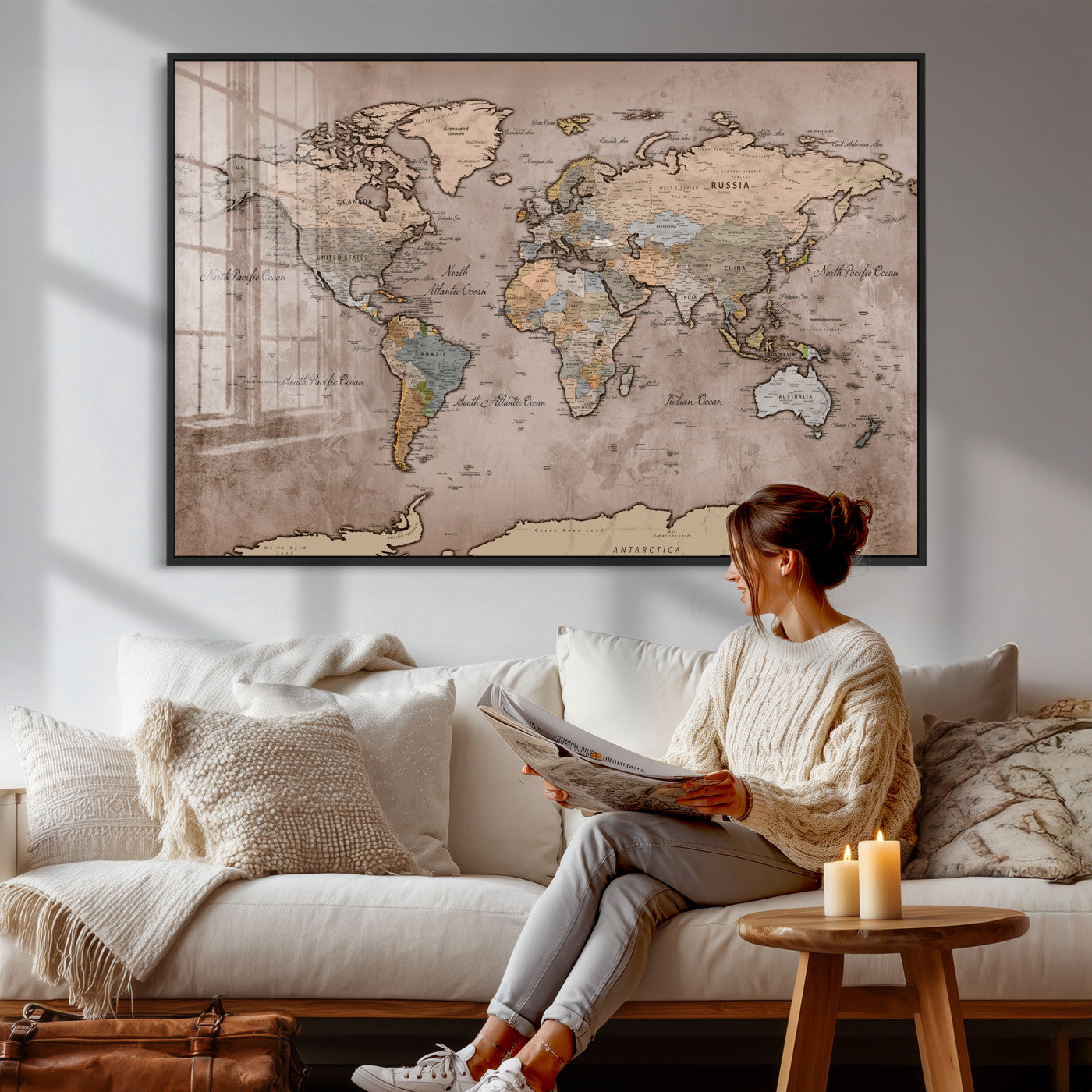 91471273-MGV-CV-36X24 - World Map Wall Art Canvas Print, Modern Decorative Framed Map Artwork Prints for Living Room, Office, Bedroom Wall Decor