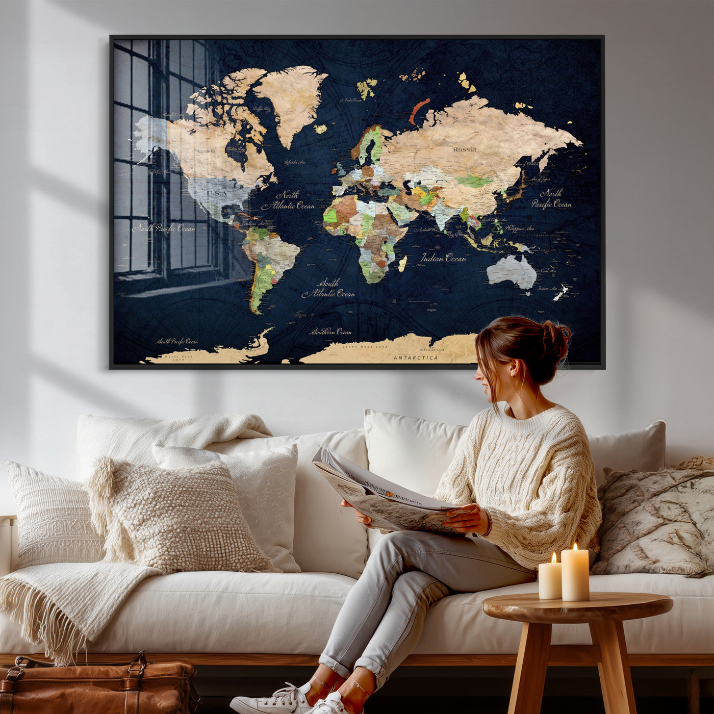 76603563-MGV-CV-36X24 - World Map Wall Art Canvas Print, Modern Decorative Framed Map Artwork Prints for Living Room, Office, Bedroom Wall Decor
