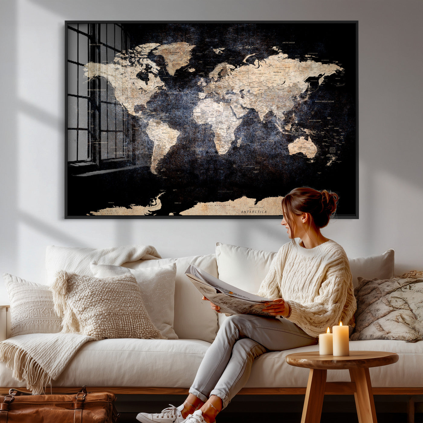 56713386-MGV-CV-36X24 - World Map Wall Art Canvas Print, Modern Decorative Framed Map Artwork Prints for Living Room, Office, Bedroom Wall Decor