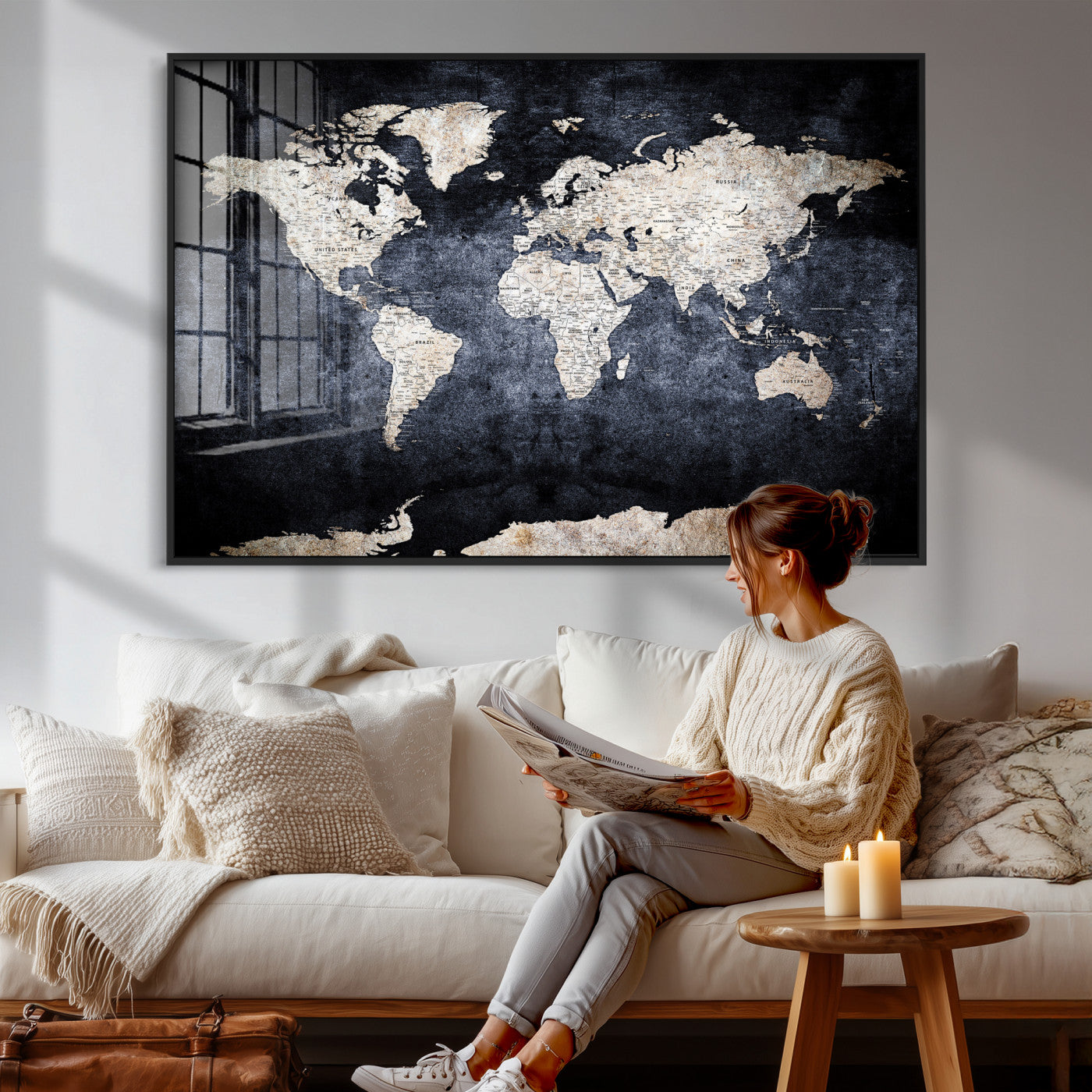 41193404-MGV-CV-36X24 - World Map Wall Art Canvas Print, Modern Decorative Framed Map Artwork Prints for Living Room, Office, Bedroom Wall Decor