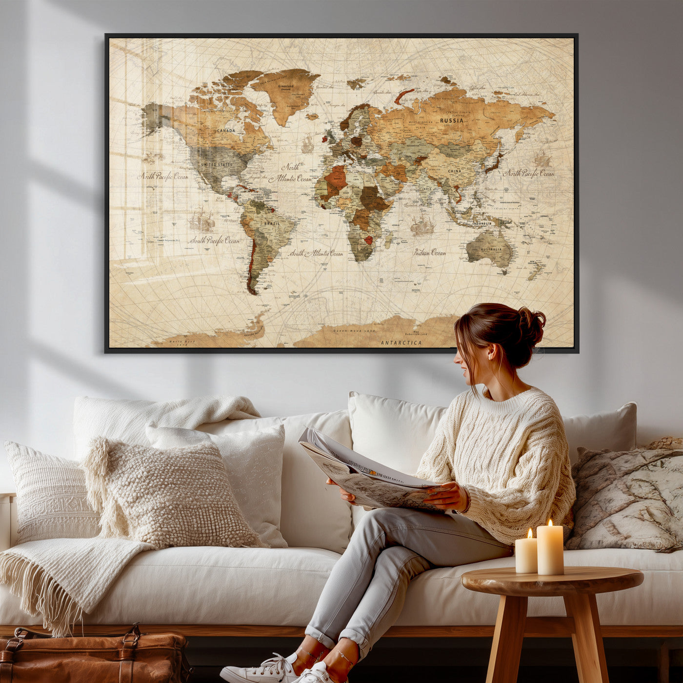 29684537-MGV-CV-36X24 - World Map Wall Art Canvas Print, Modern Decorative Framed Map Artwork Prints for Living Room, Office, Bedroom Wall Decor